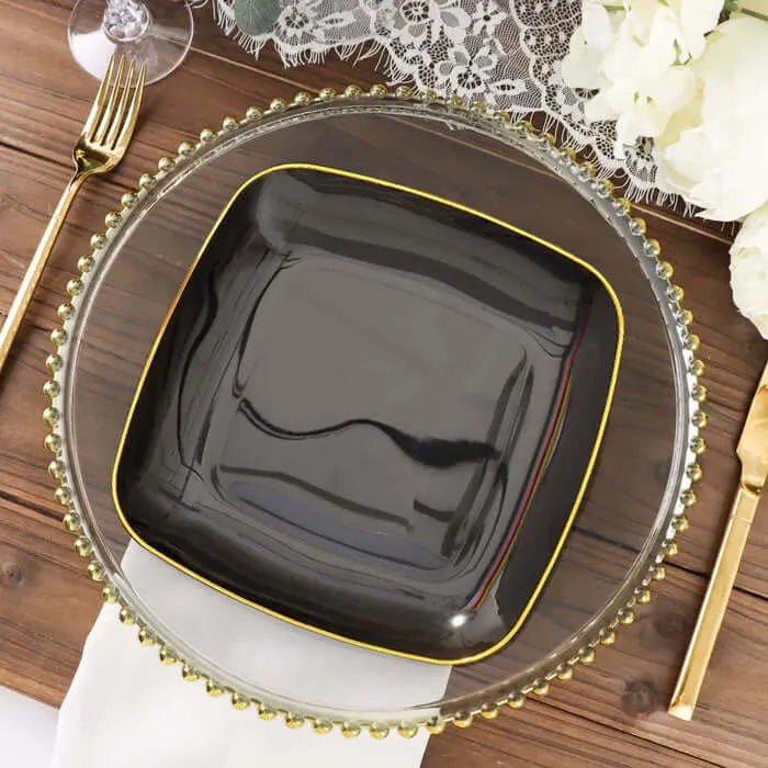 10 Pack 10" Black with Gold Rim Square Plastic Lunch Party Plates, Disposable Dinner Plates