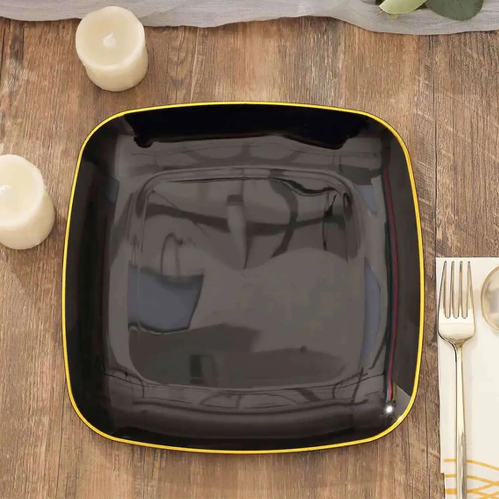 10 Pack 10" Black with Gold Rim Square Plastic Lunch Party Plates, Disposable Dinner Plates