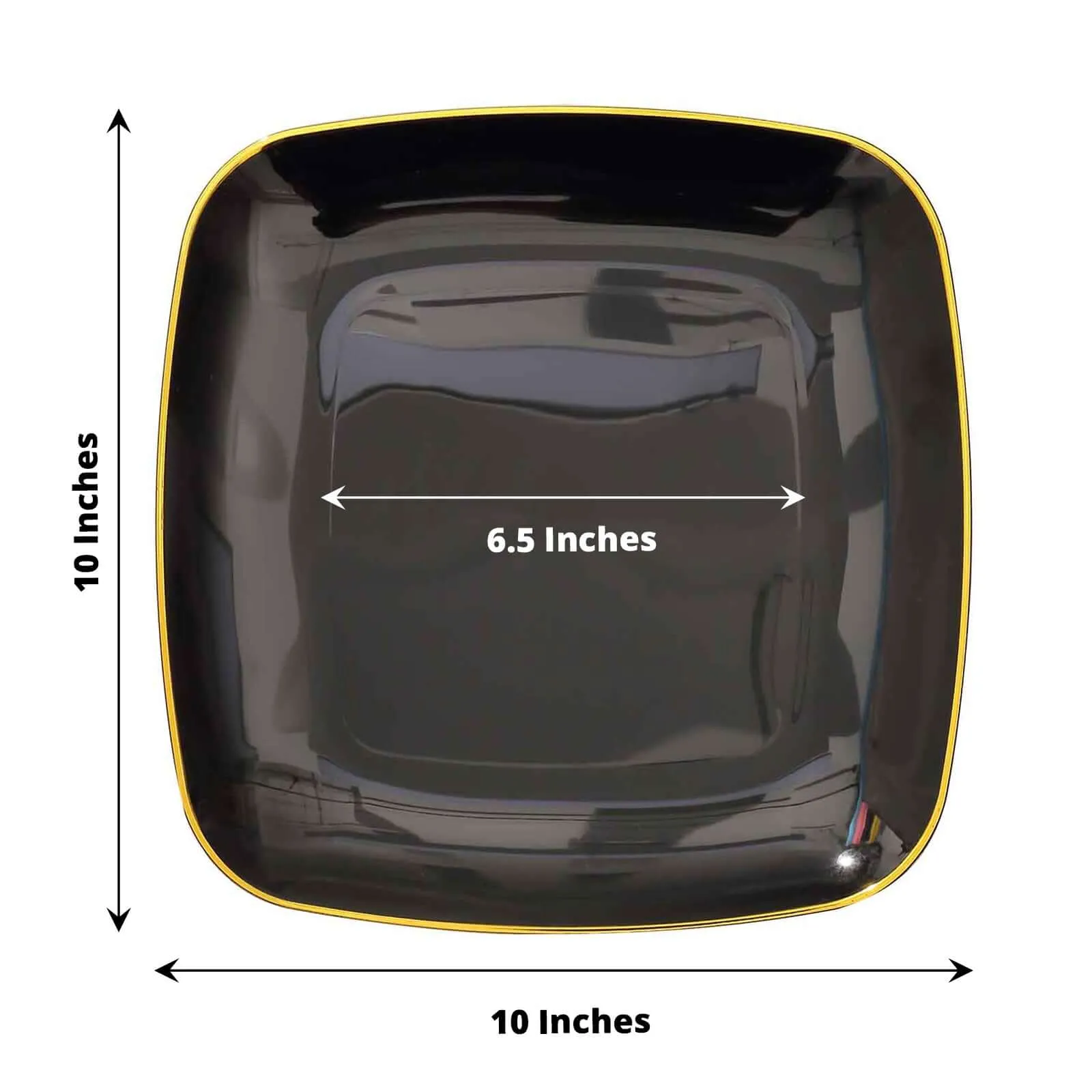 10 Pack 10" Black with Gold Rim Square Plastic Lunch Party Plates, Disposable Dinner Plates