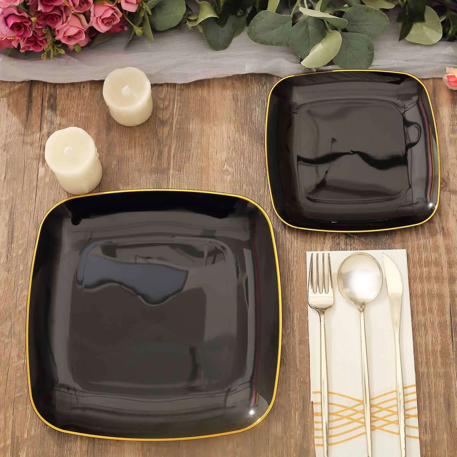 10 Pack 10" Black with Gold Rim Square Plastic Lunch Party Plates, Disposable Dinner Plates