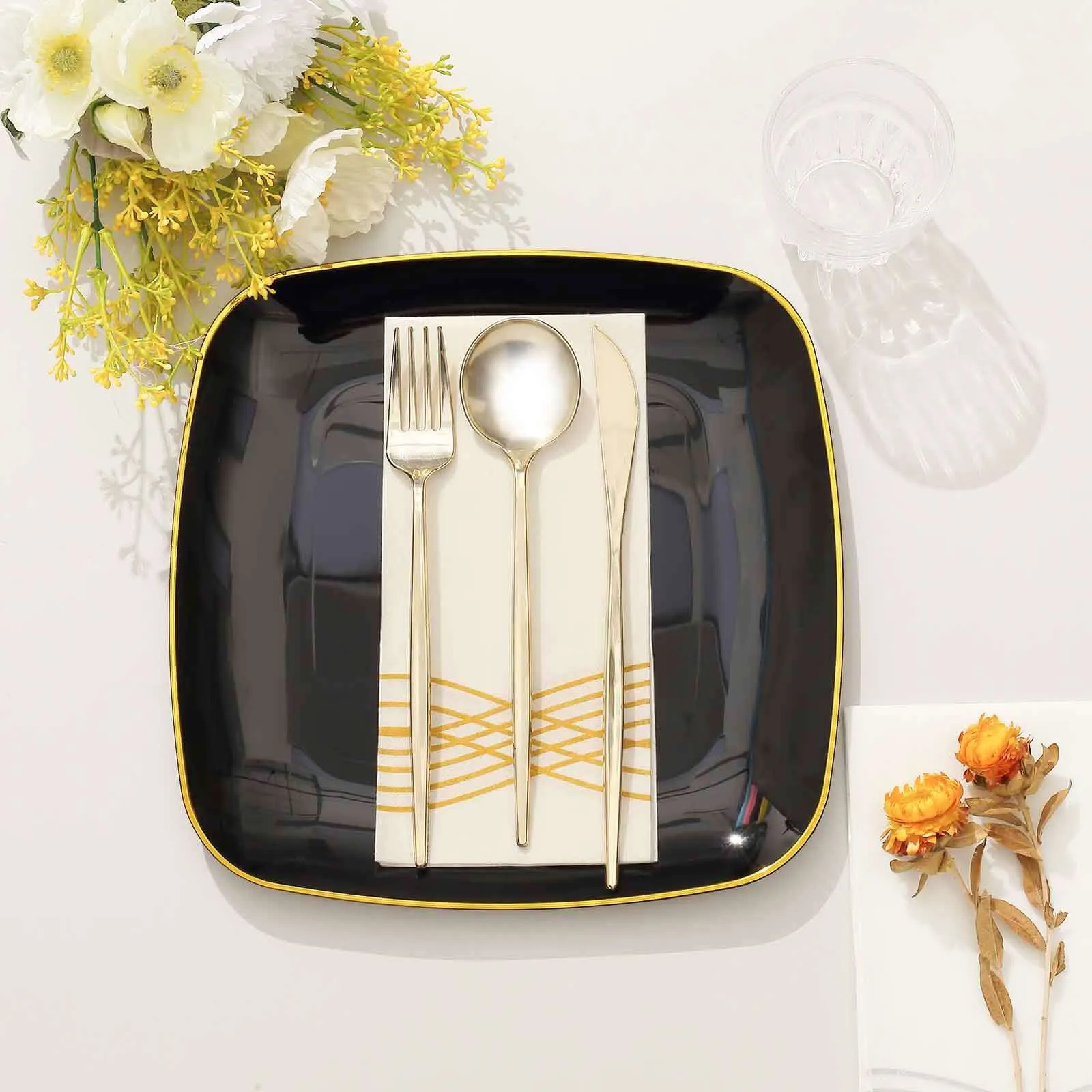 10 Pack 10" Black with Gold Rim Square Plastic Lunch Party Plates, Disposable Dinner Plates