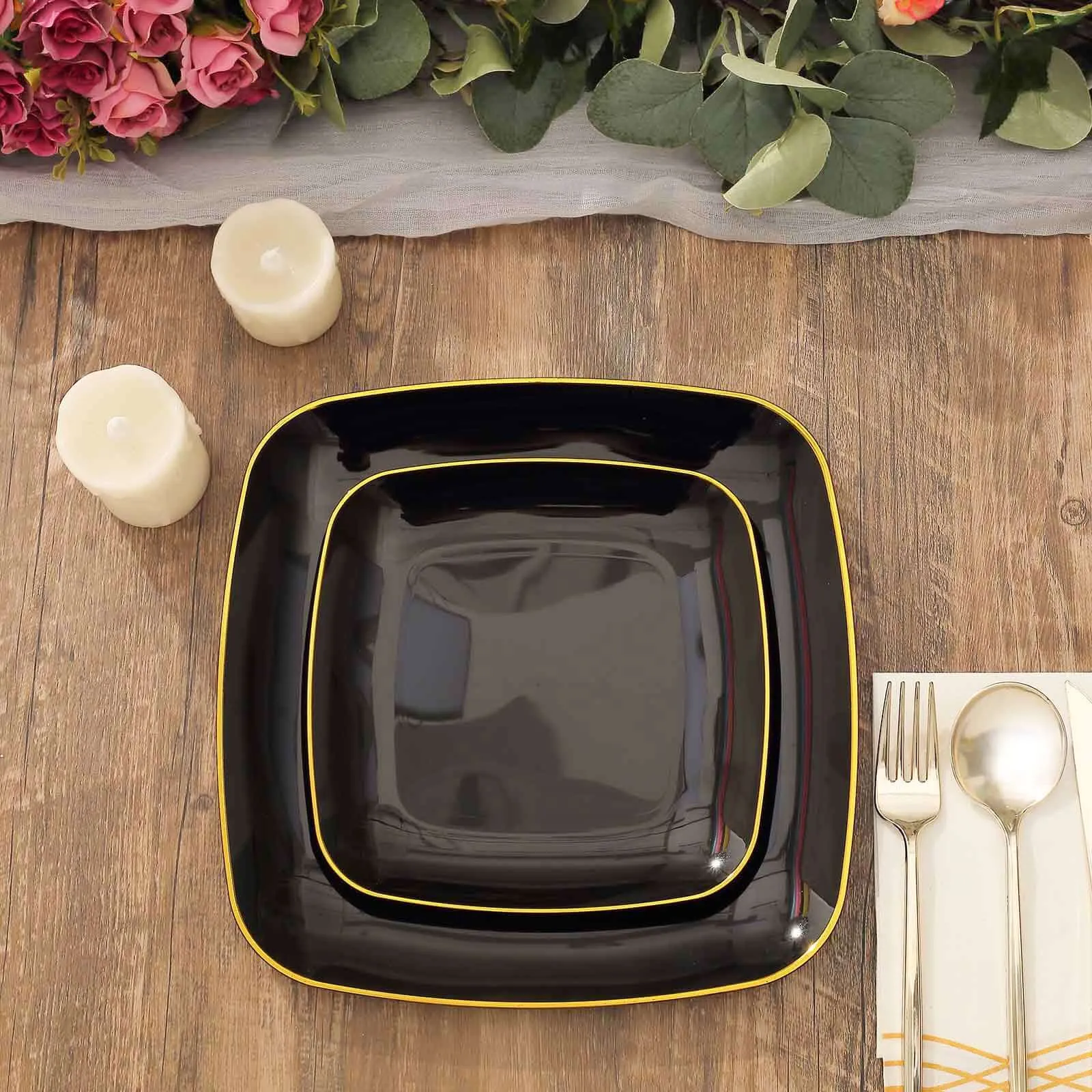 10 Pack 10" Black with Gold Rim Square Plastic Lunch Party Plates, Disposable Dinner Plates