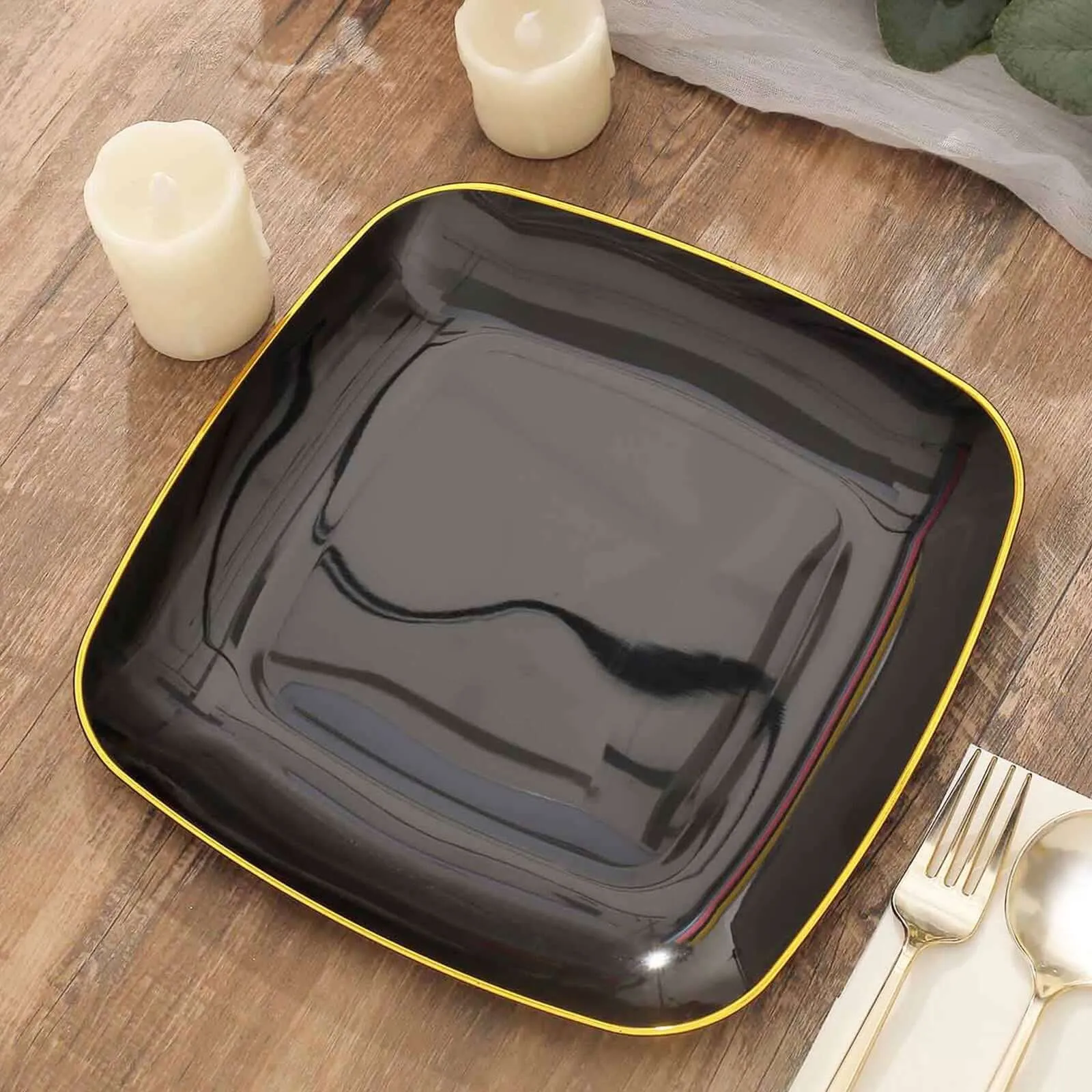 10 Pack 10" Black with Gold Rim Square Plastic Lunch Party Plates, Disposable Dinner Plates