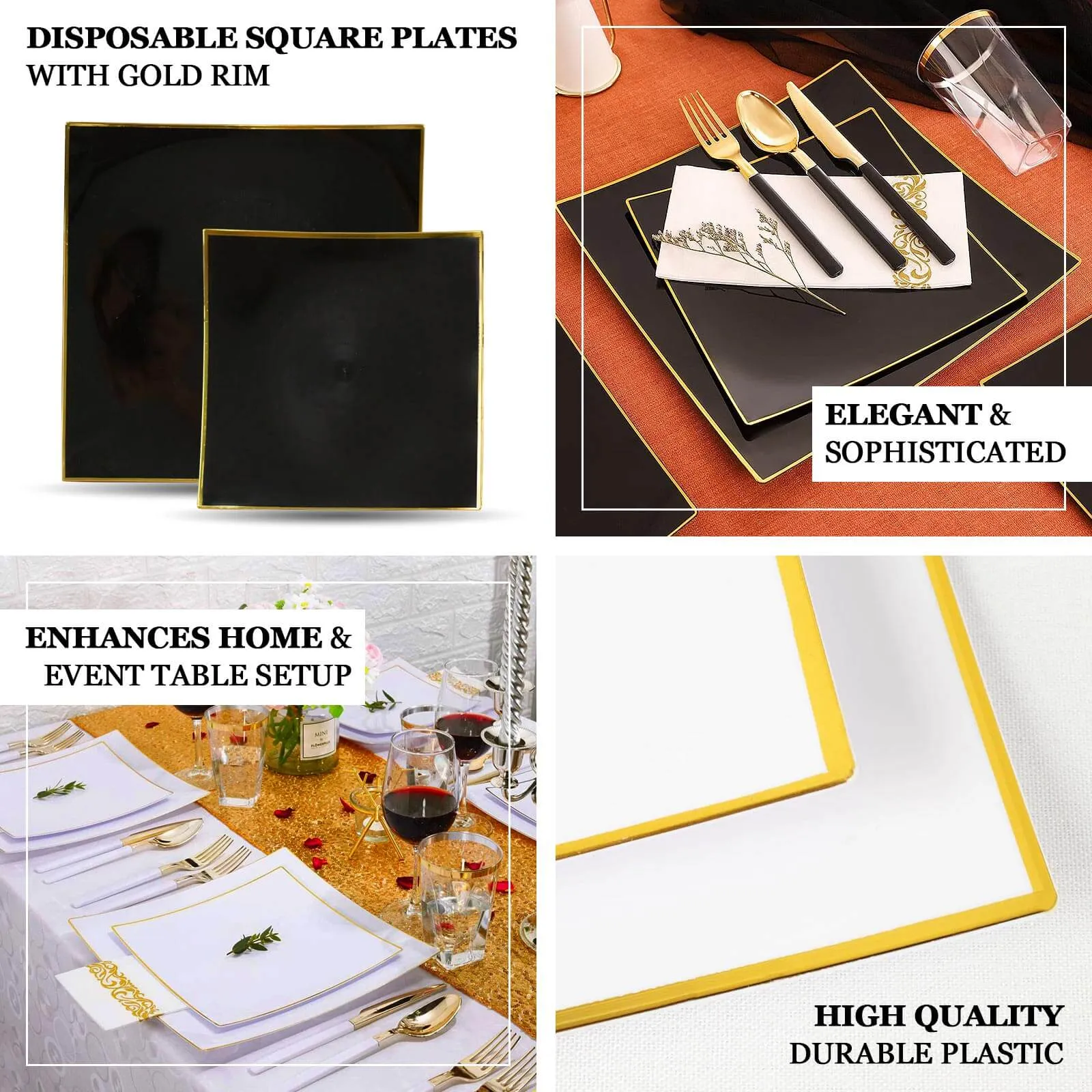 10 Pack 10" Clear Gold Concave Modern Square Plastic Dinner Plates, Disposable Party Plates