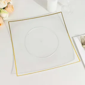 10 Pack 10" Clear Gold Concave Modern Square Plastic Dinner Plates, Disposable Party Plates