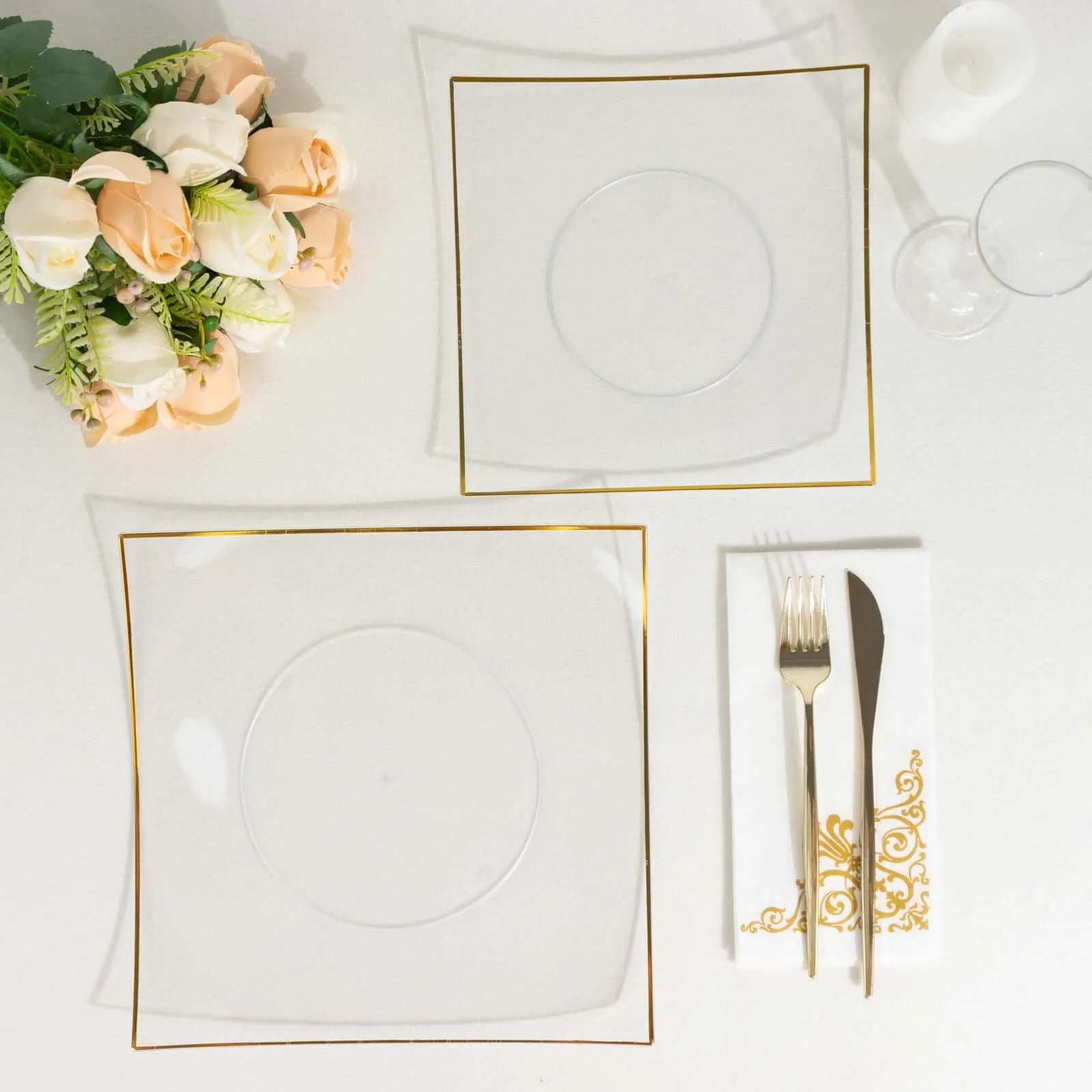 10 Pack 10" Clear Gold Concave Modern Square Plastic Dinner Plates, Disposable Party Plates