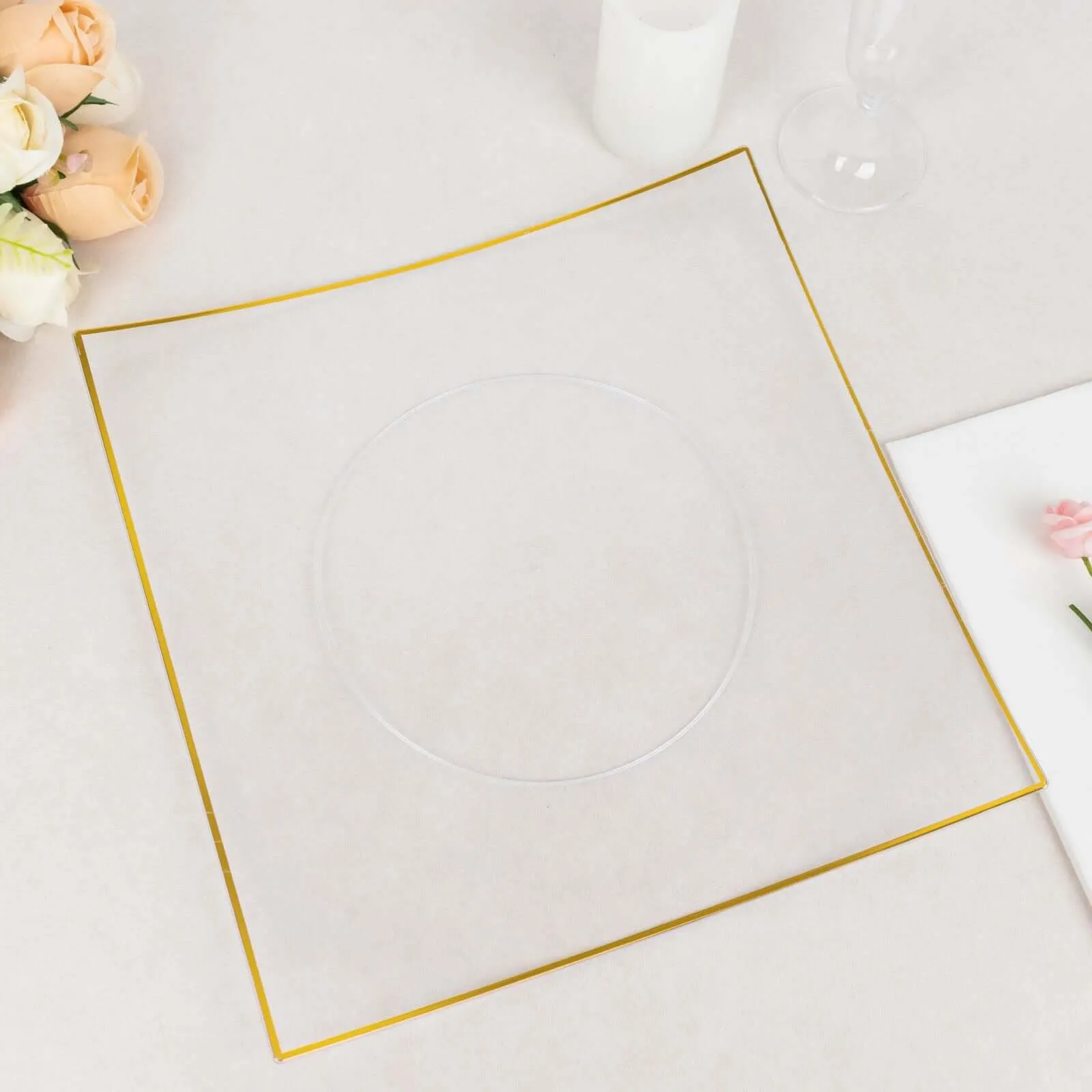 10 Pack 10" Clear Gold Concave Modern Square Plastic Dinner Plates, Disposable Party Plates