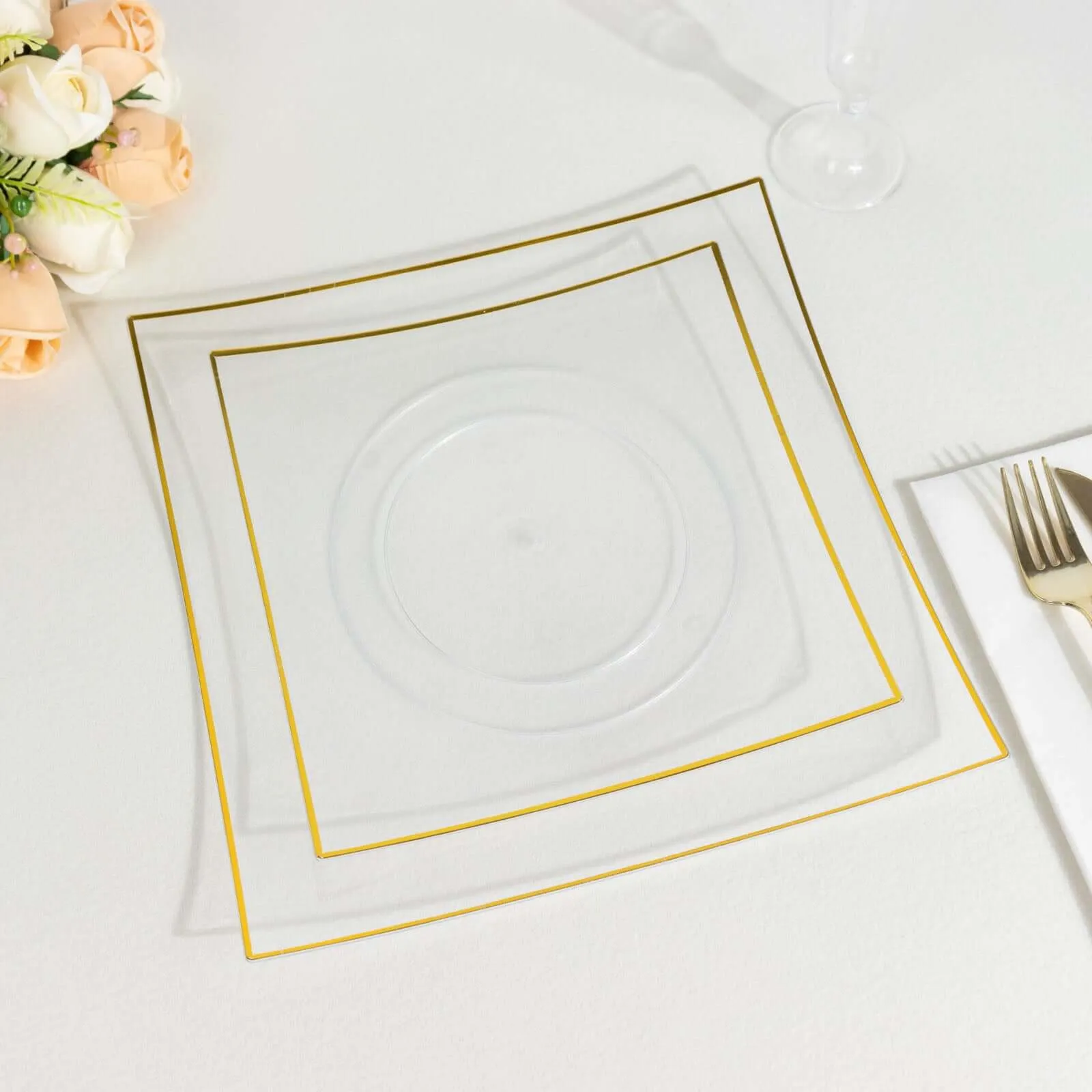 10 Pack 10" Clear Gold Concave Modern Square Plastic Dinner Plates, Disposable Party Plates