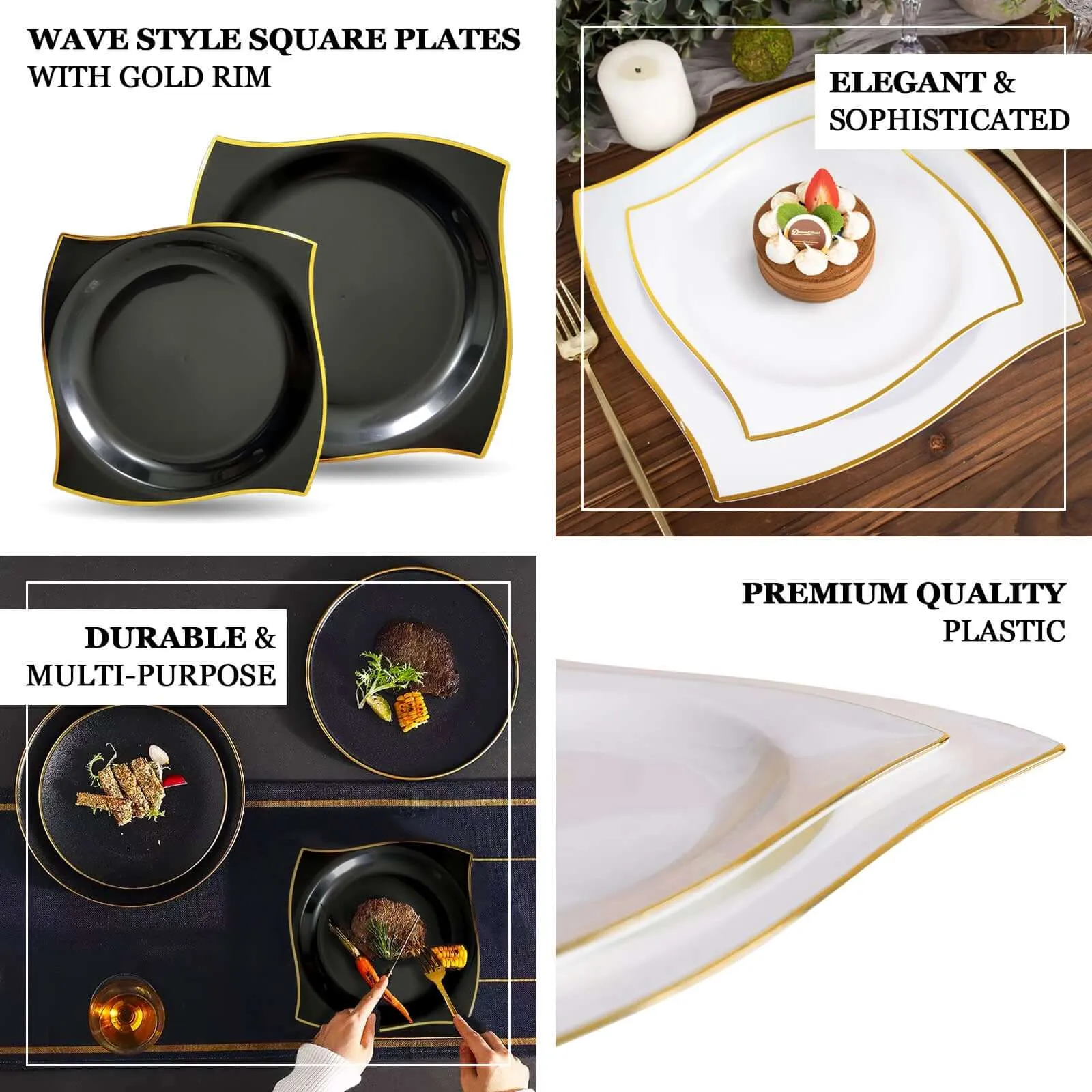 10 Pack 10" Clear Gold Wavy Rim Modern Square Plastic Dinner Plates, Disposable Party Plates