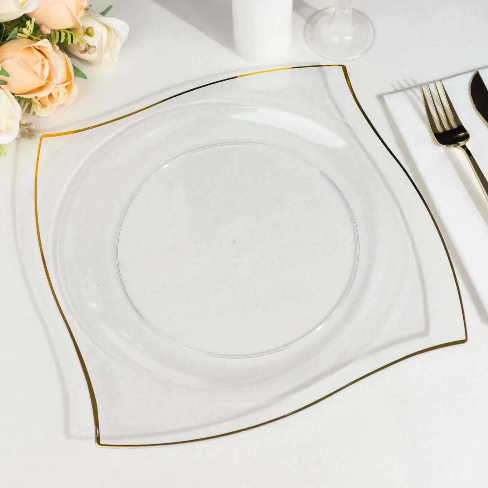 10 Pack 10" Clear Gold Wavy Rim Modern Square Plastic Dinner Plates, Disposable Party Plates