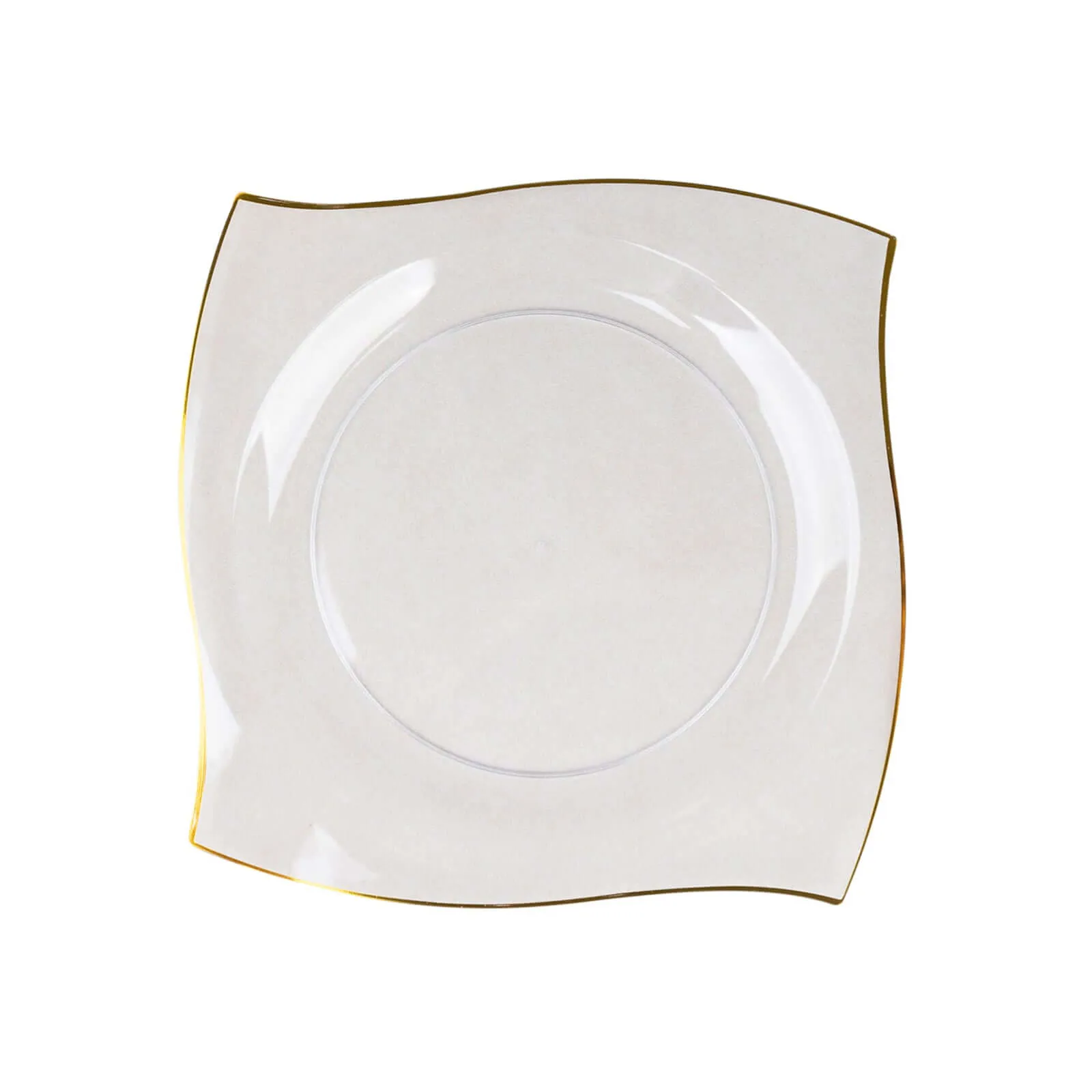 10 Pack 10" Clear Gold Wavy Rim Modern Square Plastic Dinner Plates, Disposable Party Plates