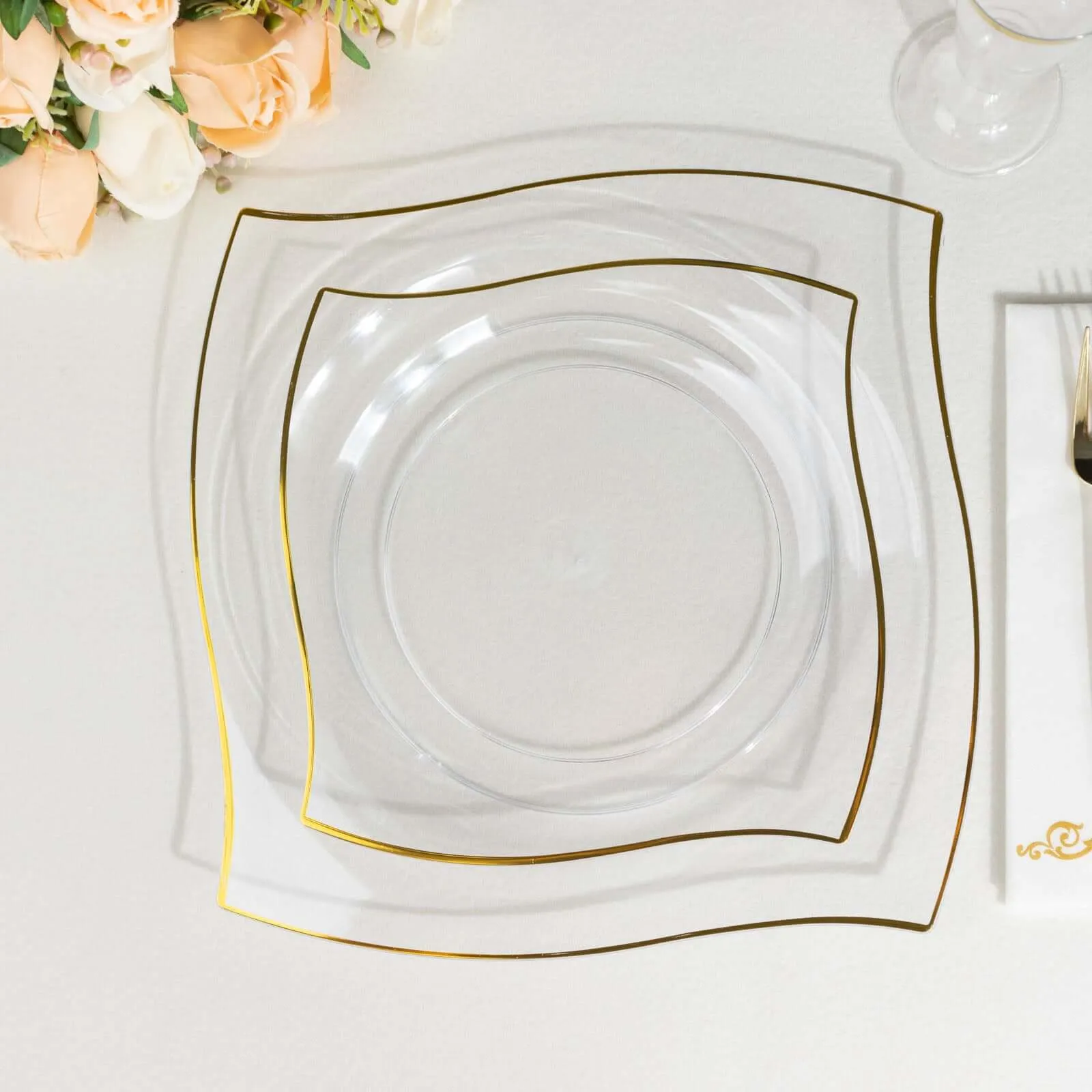 10 Pack 10" Clear Gold Wavy Rim Modern Square Plastic Dinner Plates, Disposable Party Plates