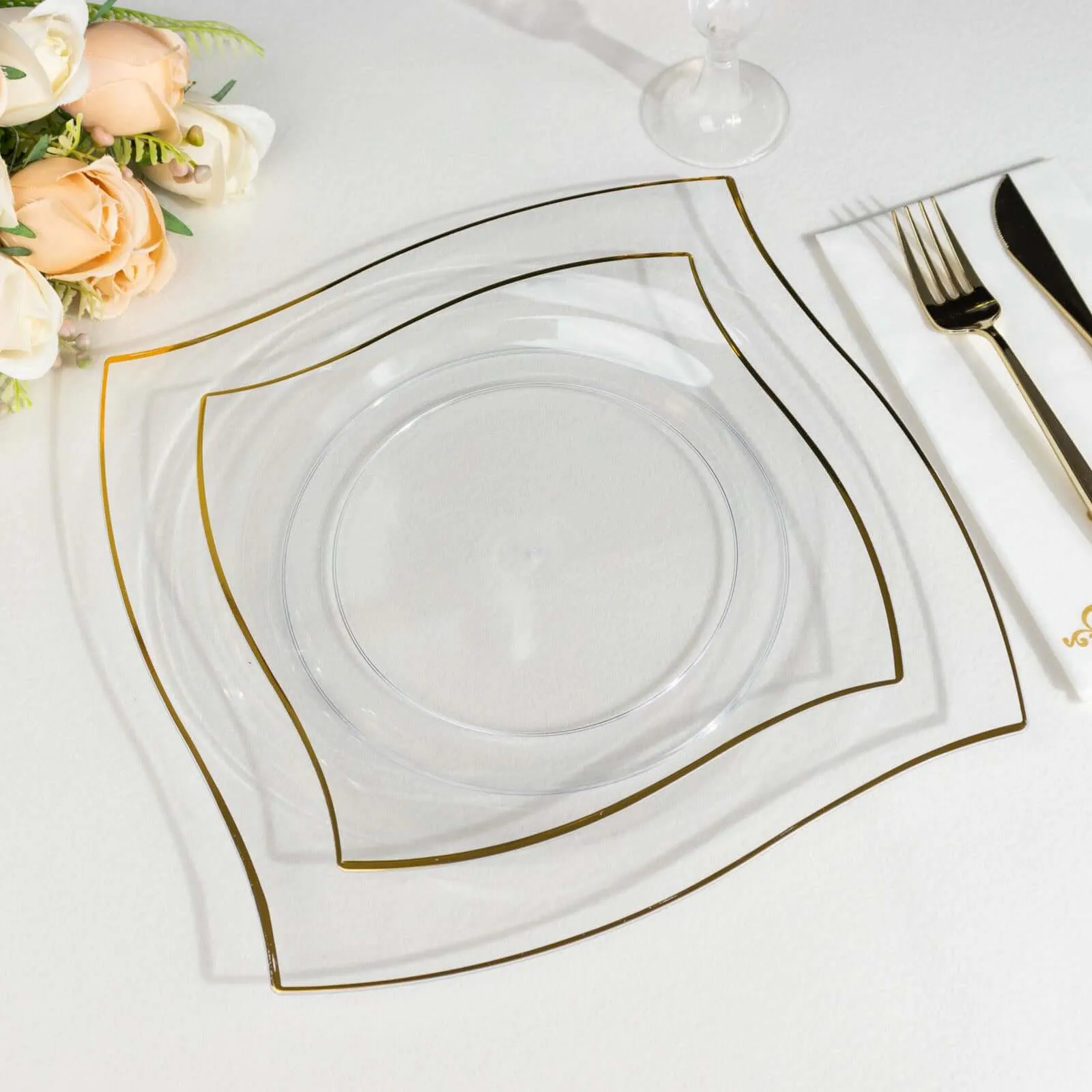 10 Pack 10" Clear Gold Wavy Rim Modern Square Plastic Dinner Plates, Disposable Party Plates