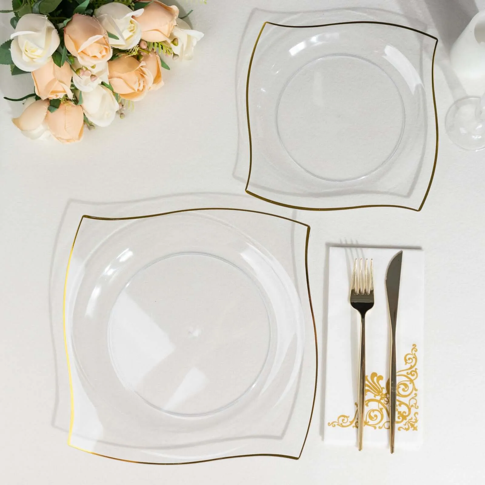 10 Pack 10" Clear Gold Wavy Rim Modern Square Plastic Dinner Plates, Disposable Party Plates