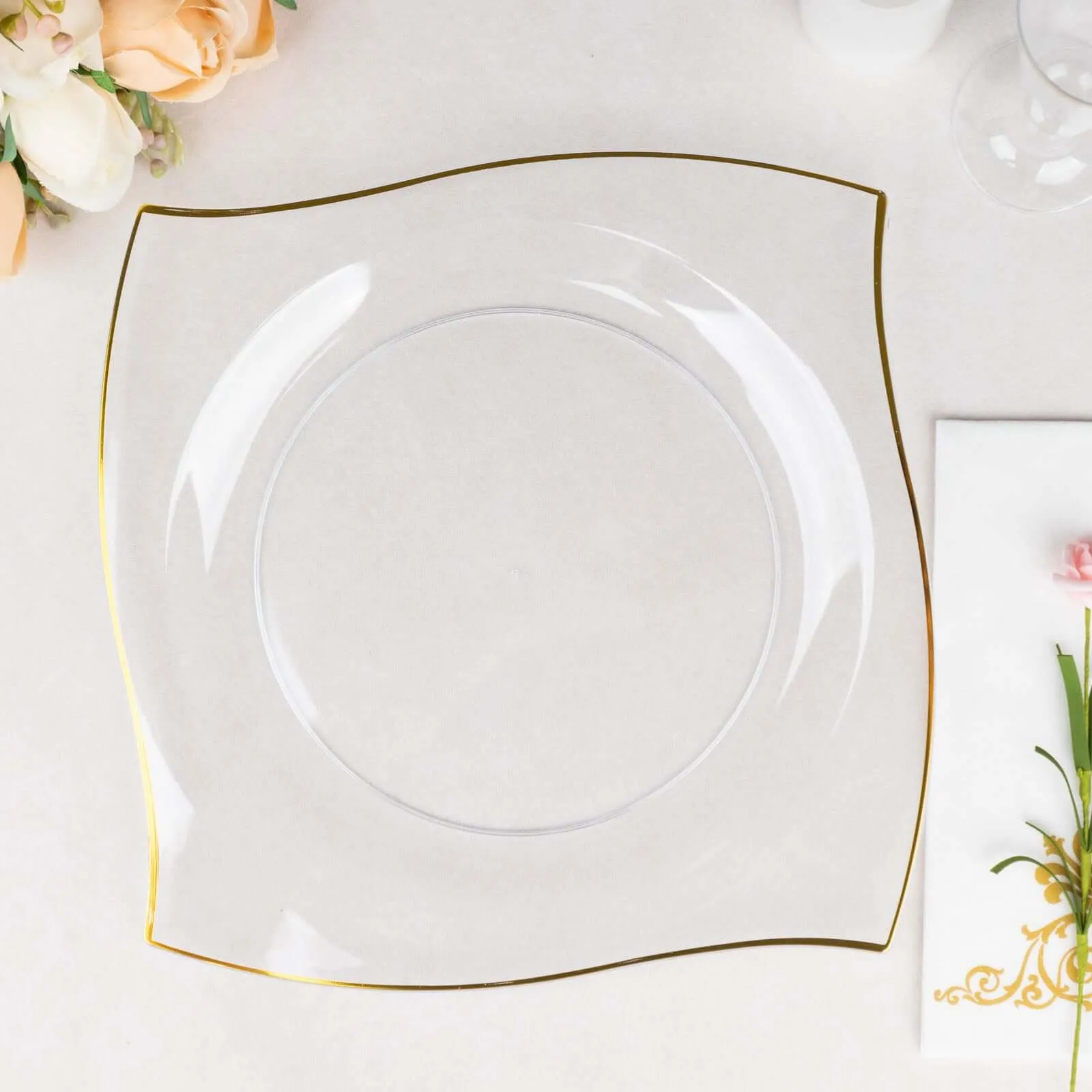 10 Pack 10" Clear Gold Wavy Rim Modern Square Plastic Dinner Plates, Disposable Party Plates