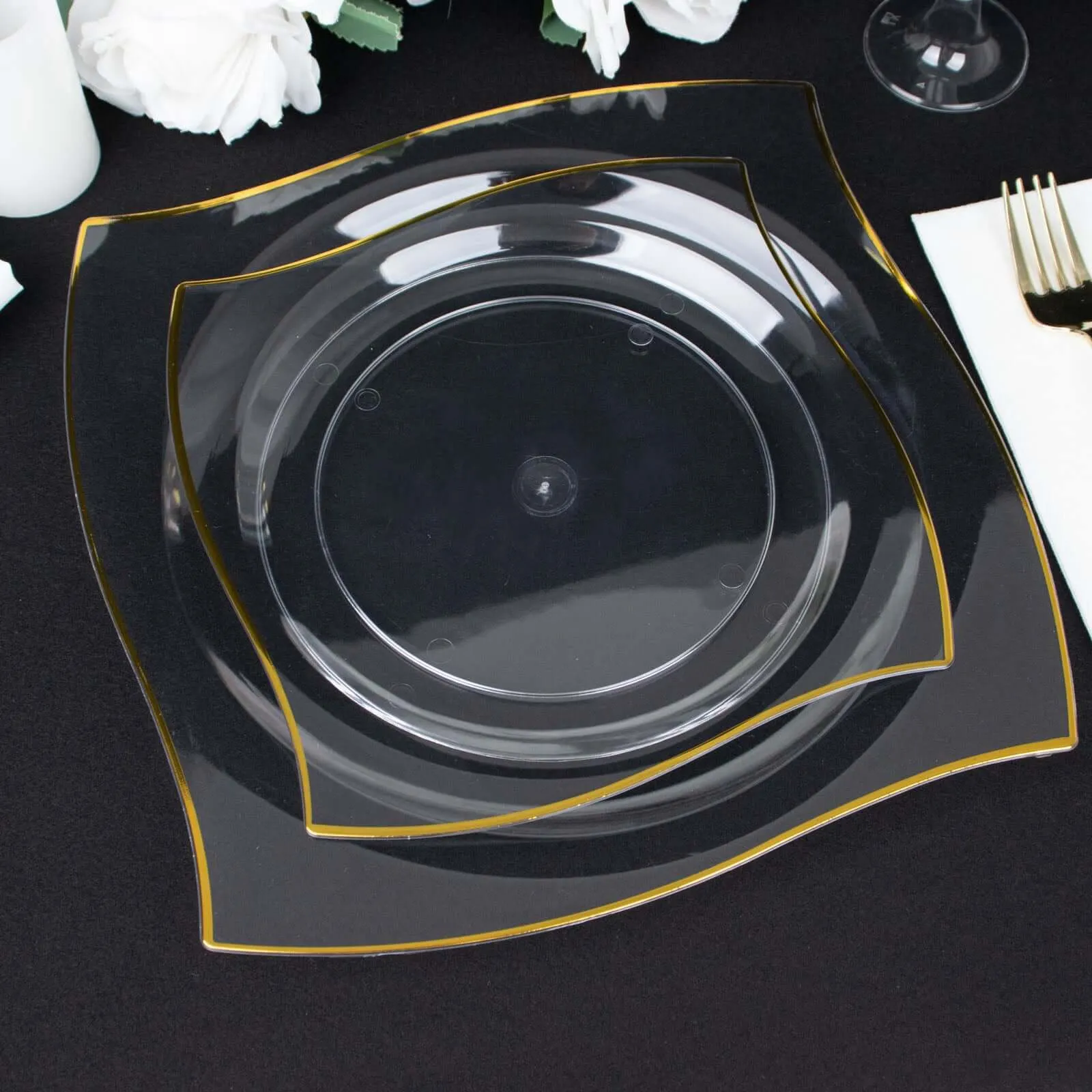 10 Pack 10" Clear Gold Wavy Rim Modern Square Plastic Dinner Plates, Disposable Party Plates