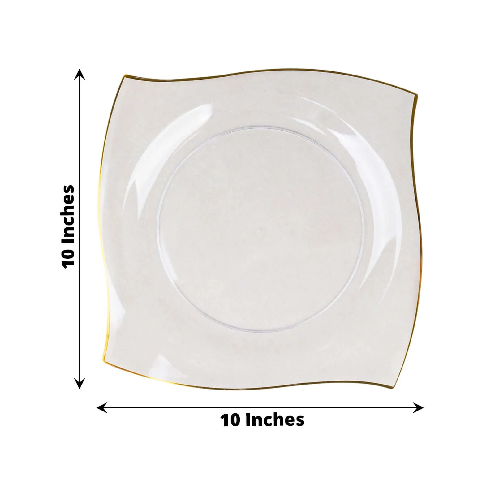 10 Pack 10" Clear Gold Wavy Rim Modern Square Plastic Dinner Plates, Disposable Party Plates