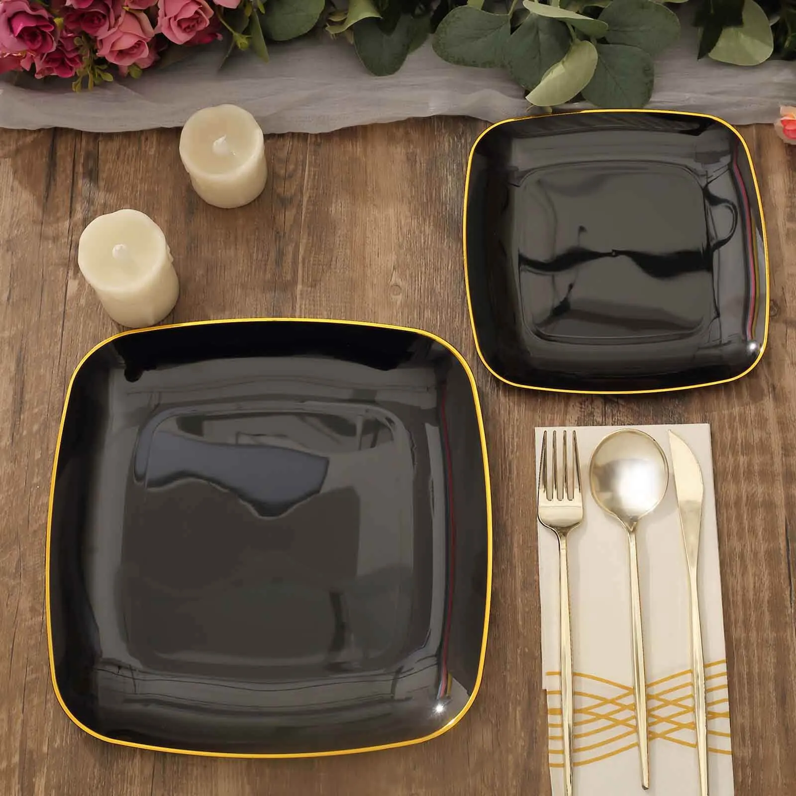 10 Pack 7" Black with Gold Rim Square Plastic Salad Party Plates, Disposable Dessert Appetizer Plates