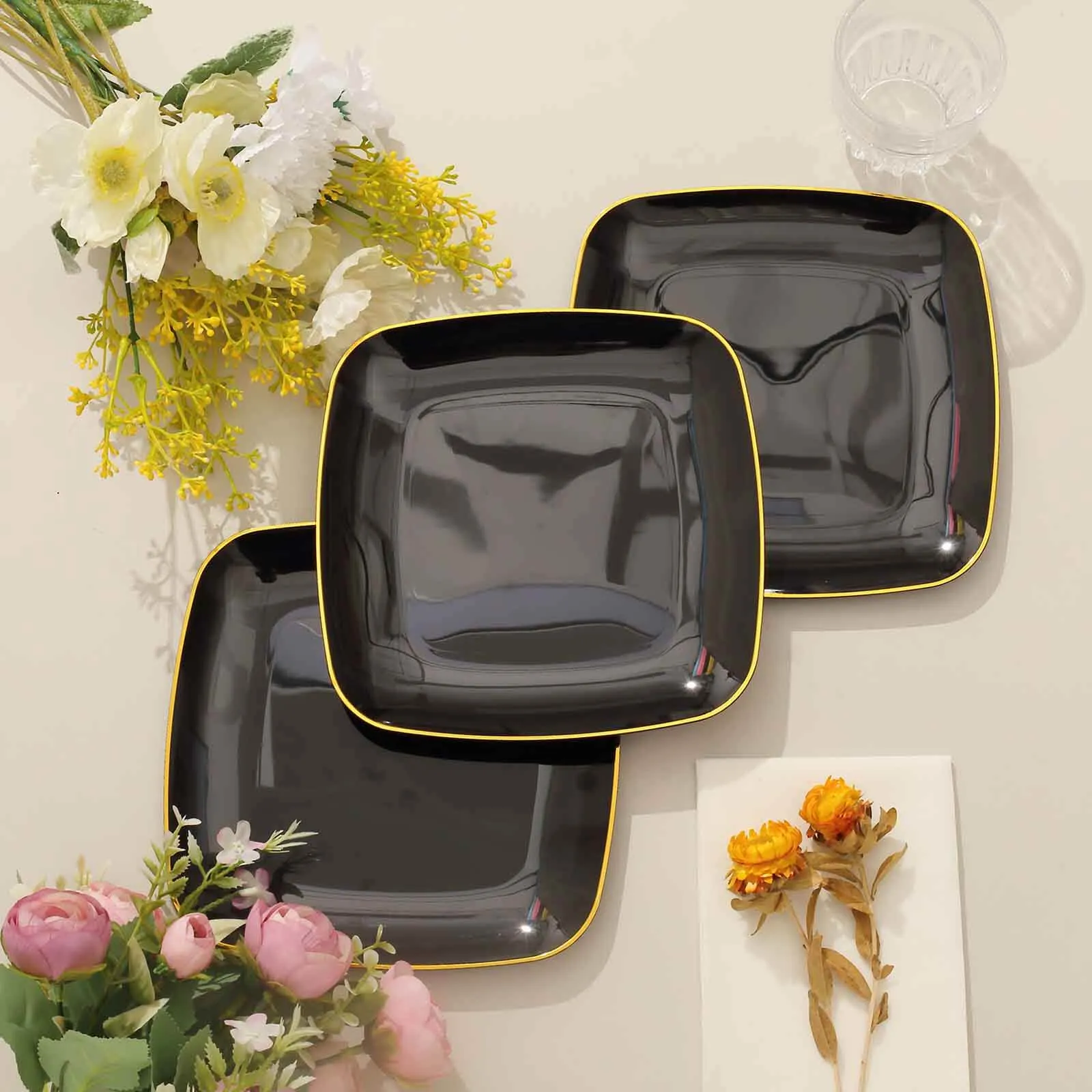 10 Pack 7" Black with Gold Rim Square Plastic Salad Party Plates, Disposable Dessert Appetizer Plates