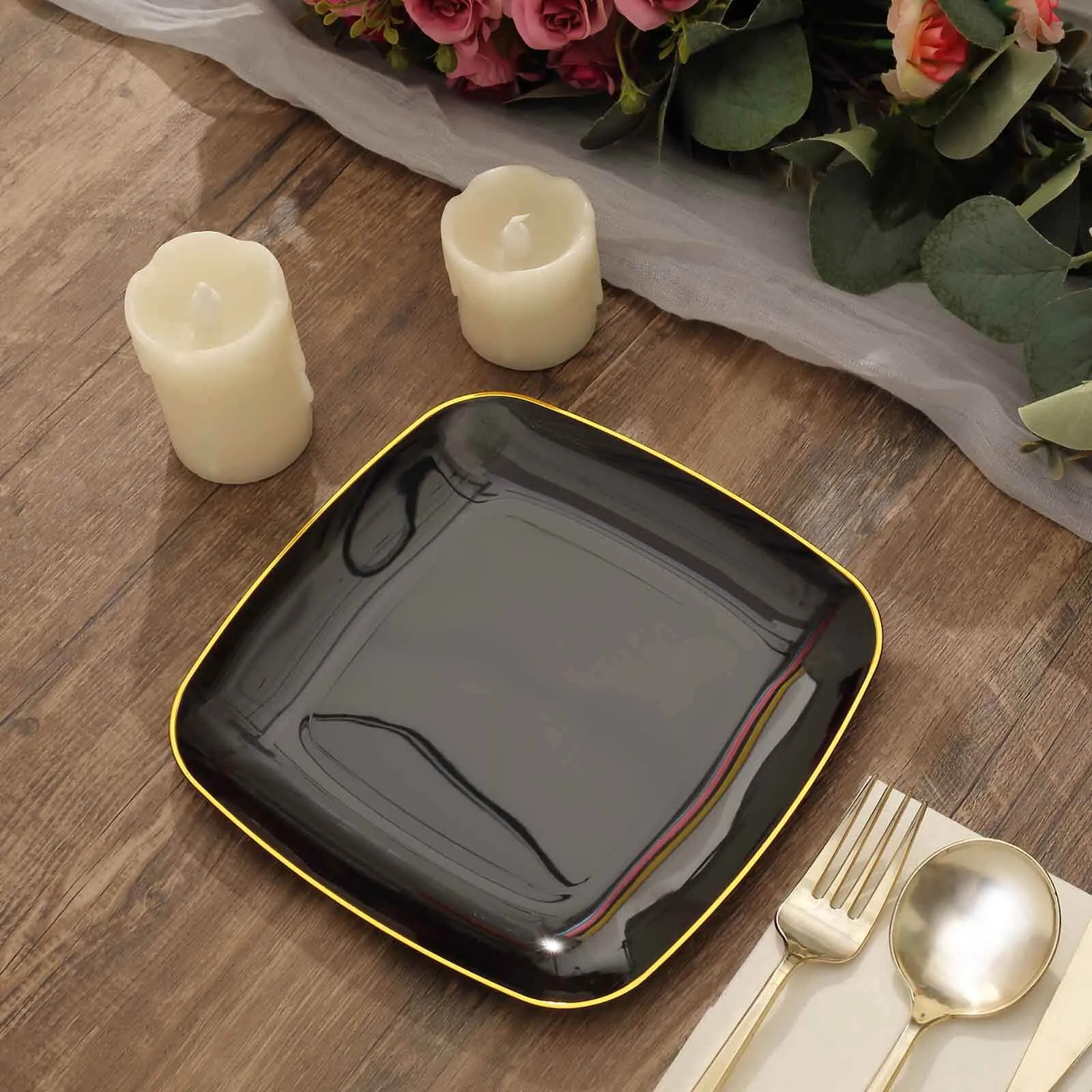 10 Pack 7" Black with Gold Rim Square Plastic Salad Party Plates, Disposable Dessert Appetizer Plates