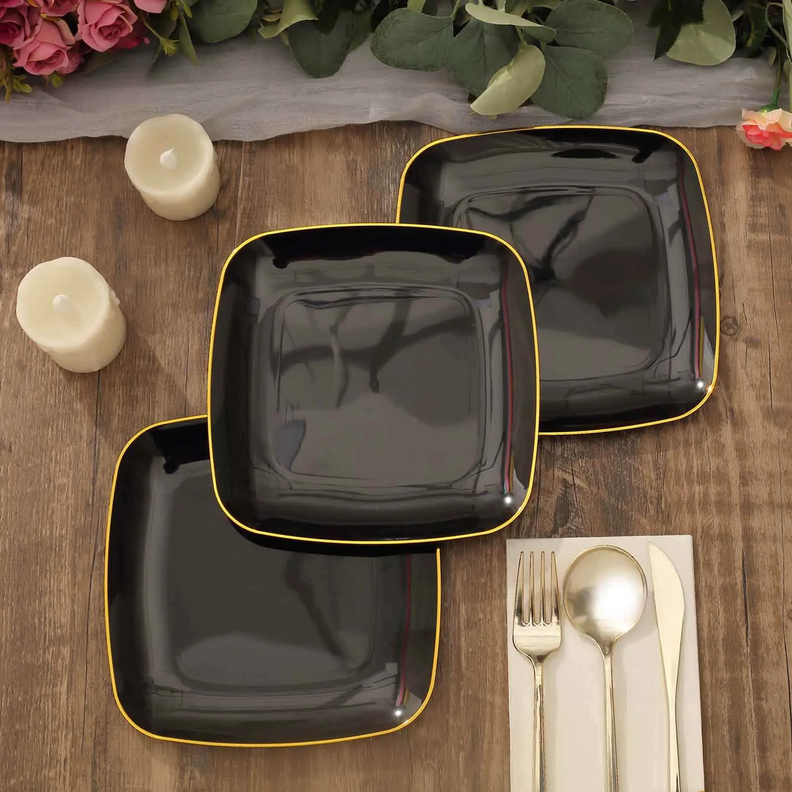 10 Pack 7" Black with Gold Rim Square Plastic Salad Party Plates, Disposable Dessert Appetizer Plates