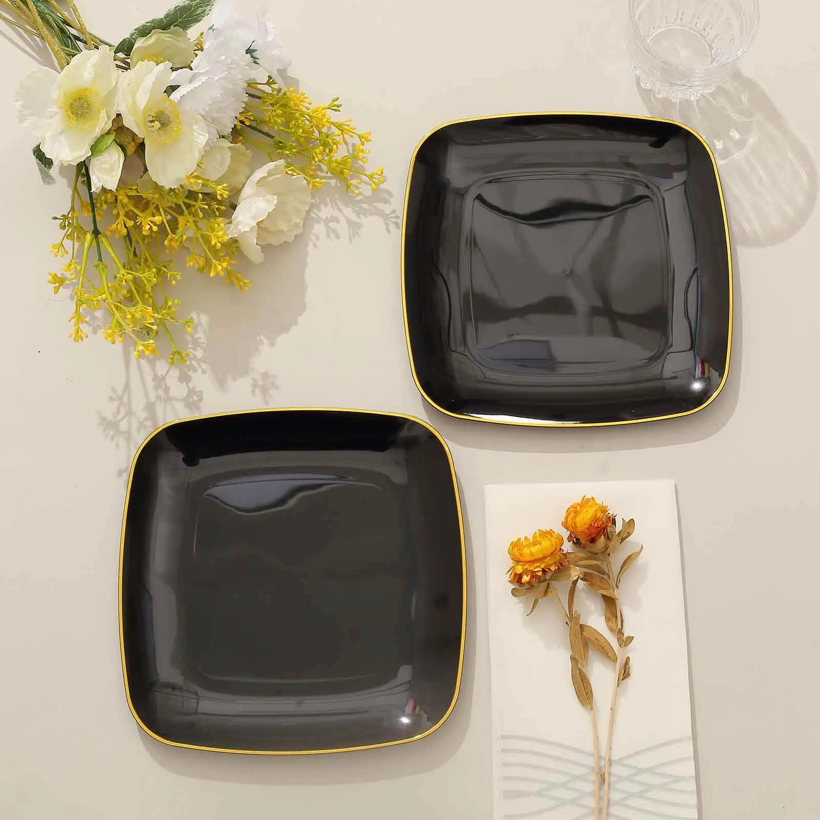 10 Pack 7" Black with Gold Rim Square Plastic Salad Party Plates, Disposable Dessert Appetizer Plates