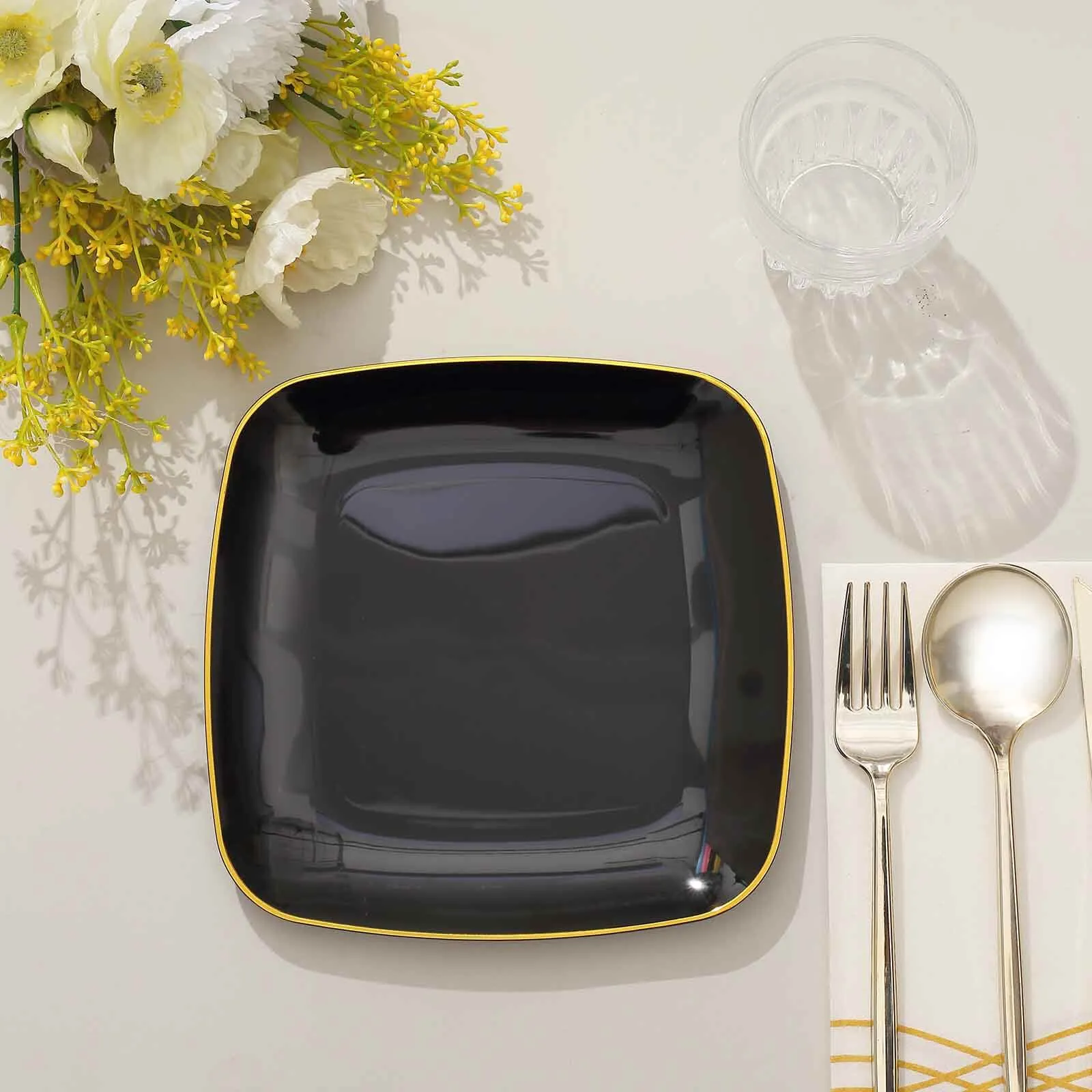 10 Pack 7" Black with Gold Rim Square Plastic Salad Party Plates, Disposable Dessert Appetizer Plates