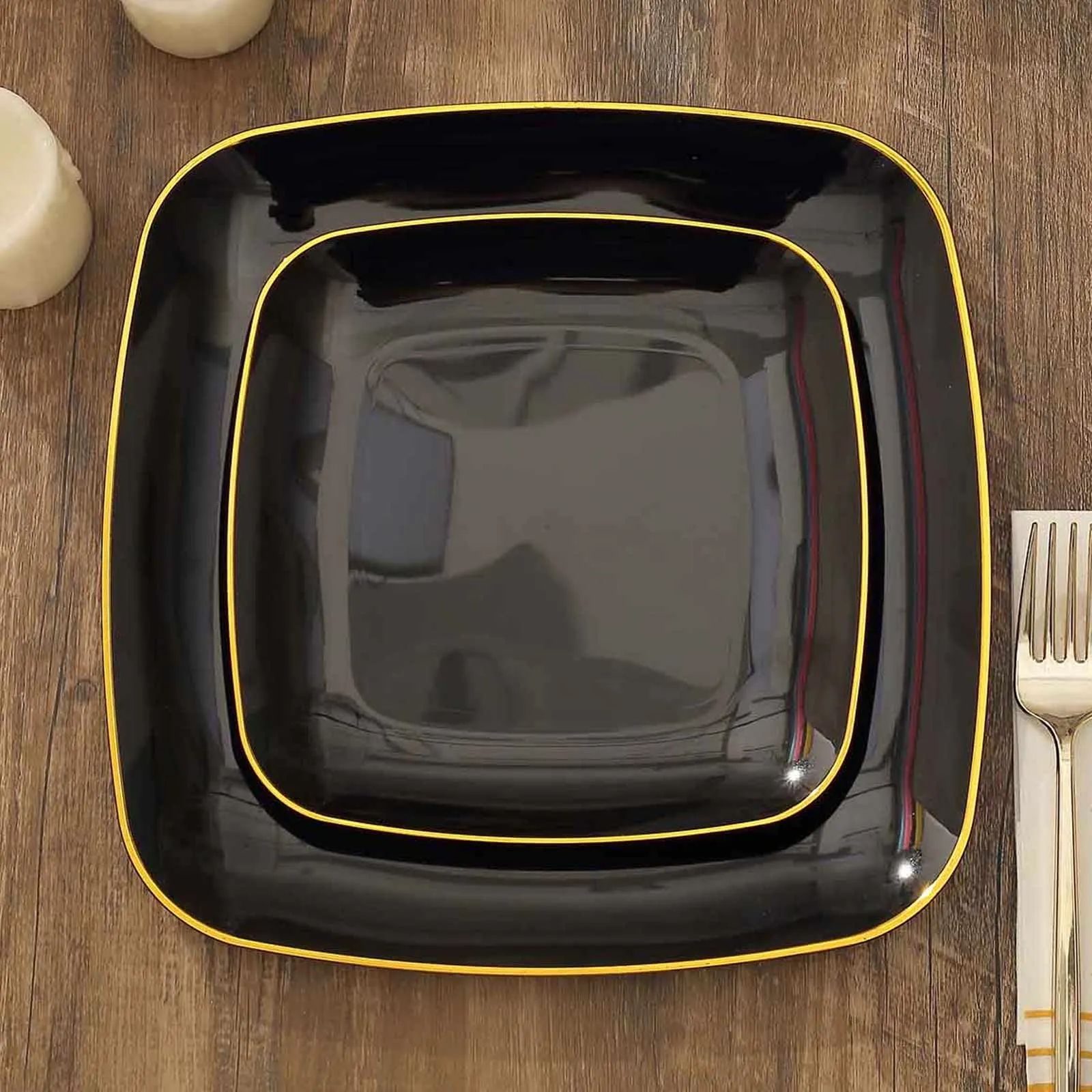 10 Pack 7" Black with Gold Rim Square Plastic Salad Party Plates, Disposable Dessert Appetizer Plates