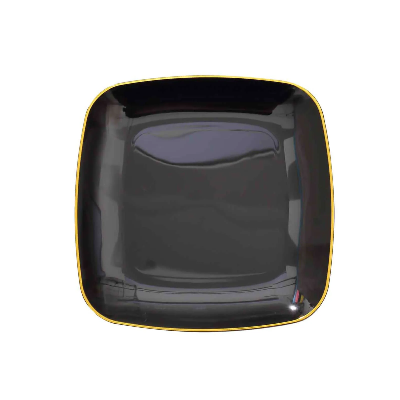 10 Pack 7" Black with Gold Rim Square Plastic Salad Party Plates, Disposable Dessert Appetizer Plates