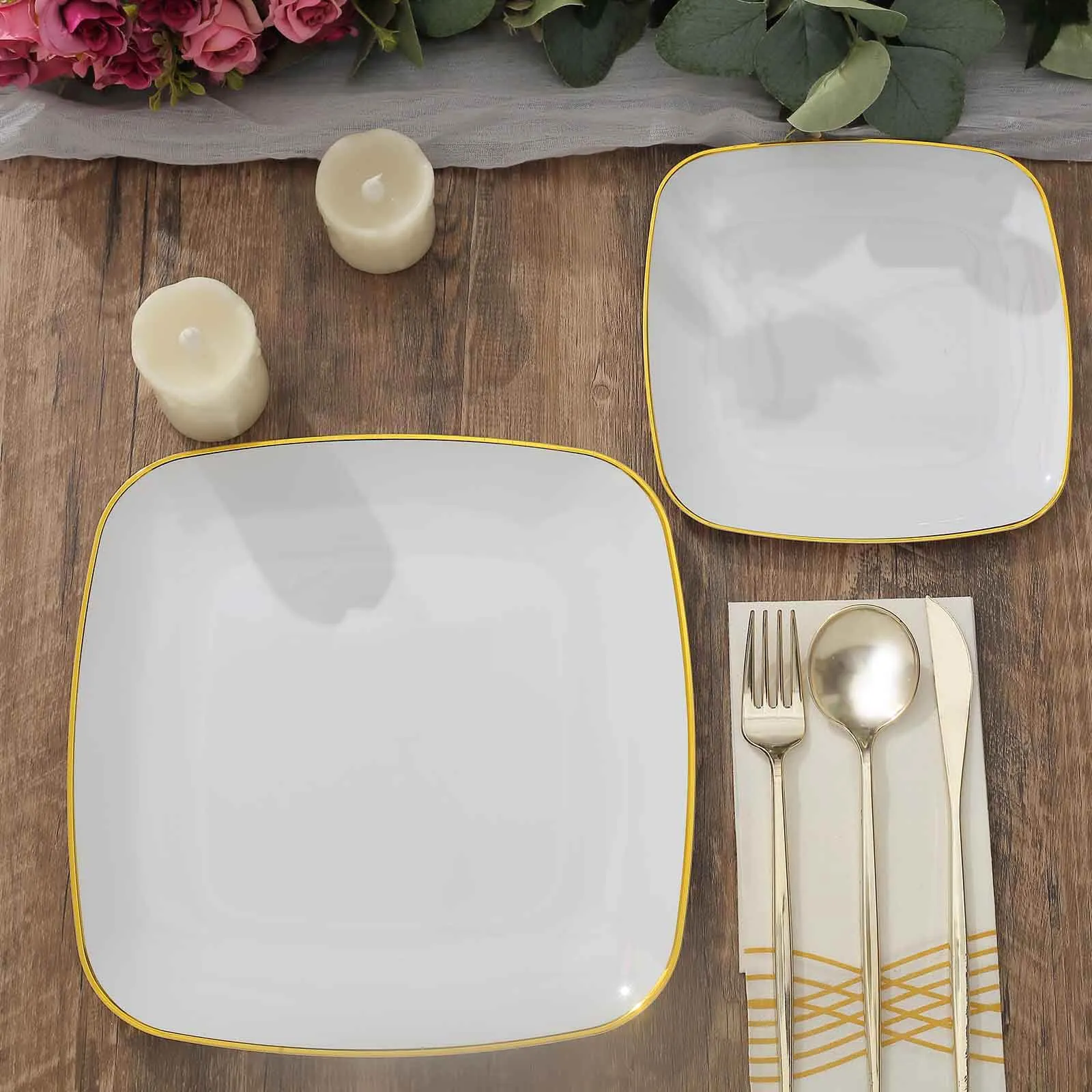 10 Pack 7" White with Gold Rim Square Plastic Salad Party Plates, Disposable Dessert Appetizer Plates