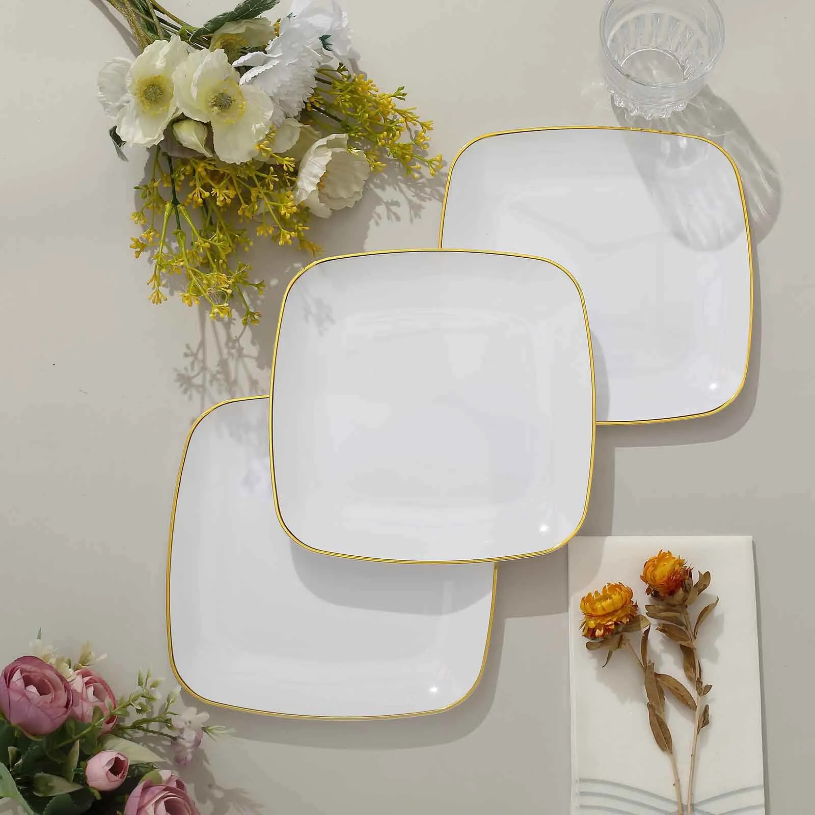 10 Pack 7" White with Gold Rim Square Plastic Salad Party Plates, Disposable Dessert Appetizer Plates