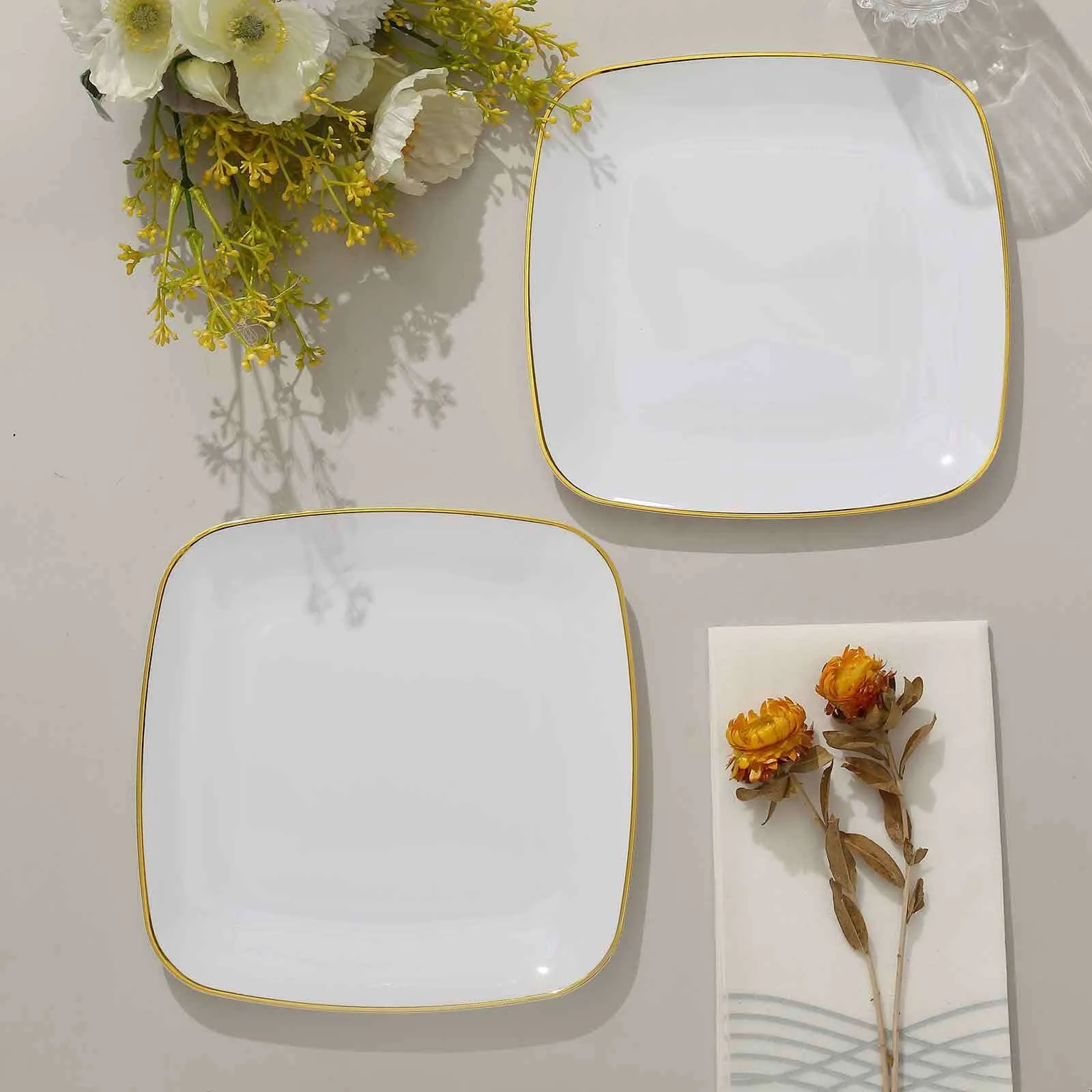 10 Pack 7" White with Gold Rim Square Plastic Salad Party Plates, Disposable Dessert Appetizer Plates