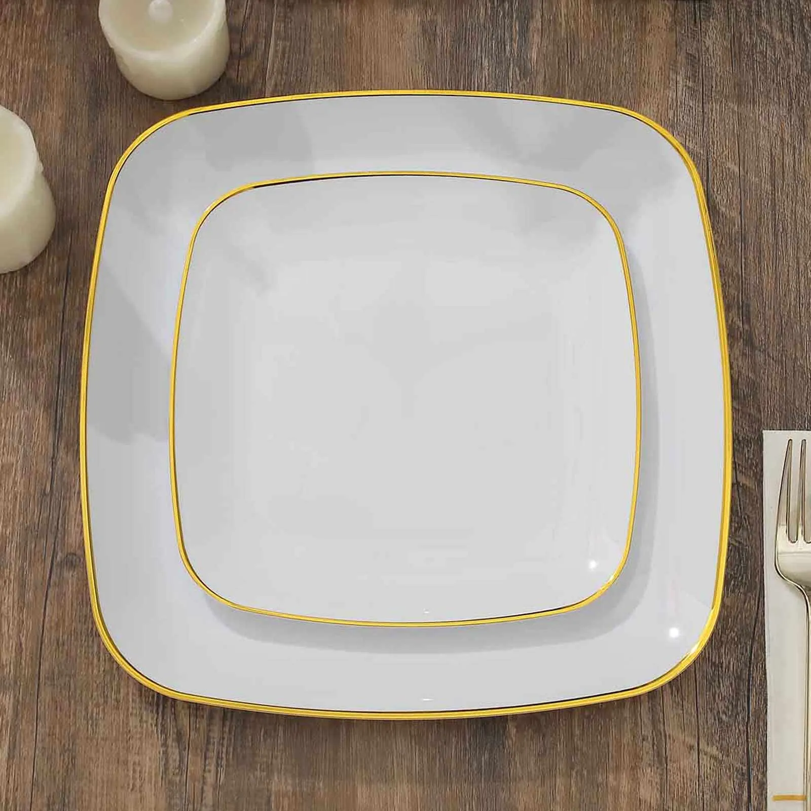 10 Pack 7" White with Gold Rim Square Plastic Salad Party Plates, Disposable Dessert Appetizer Plates