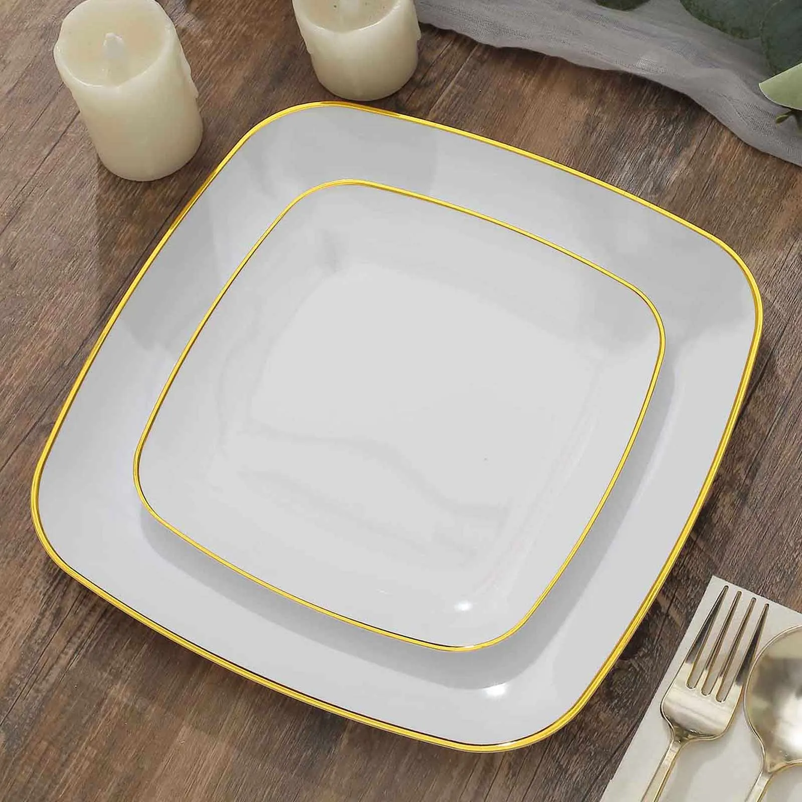 10 Pack 7" White with Gold Rim Square Plastic Salad Party Plates, Disposable Dessert Appetizer Plates