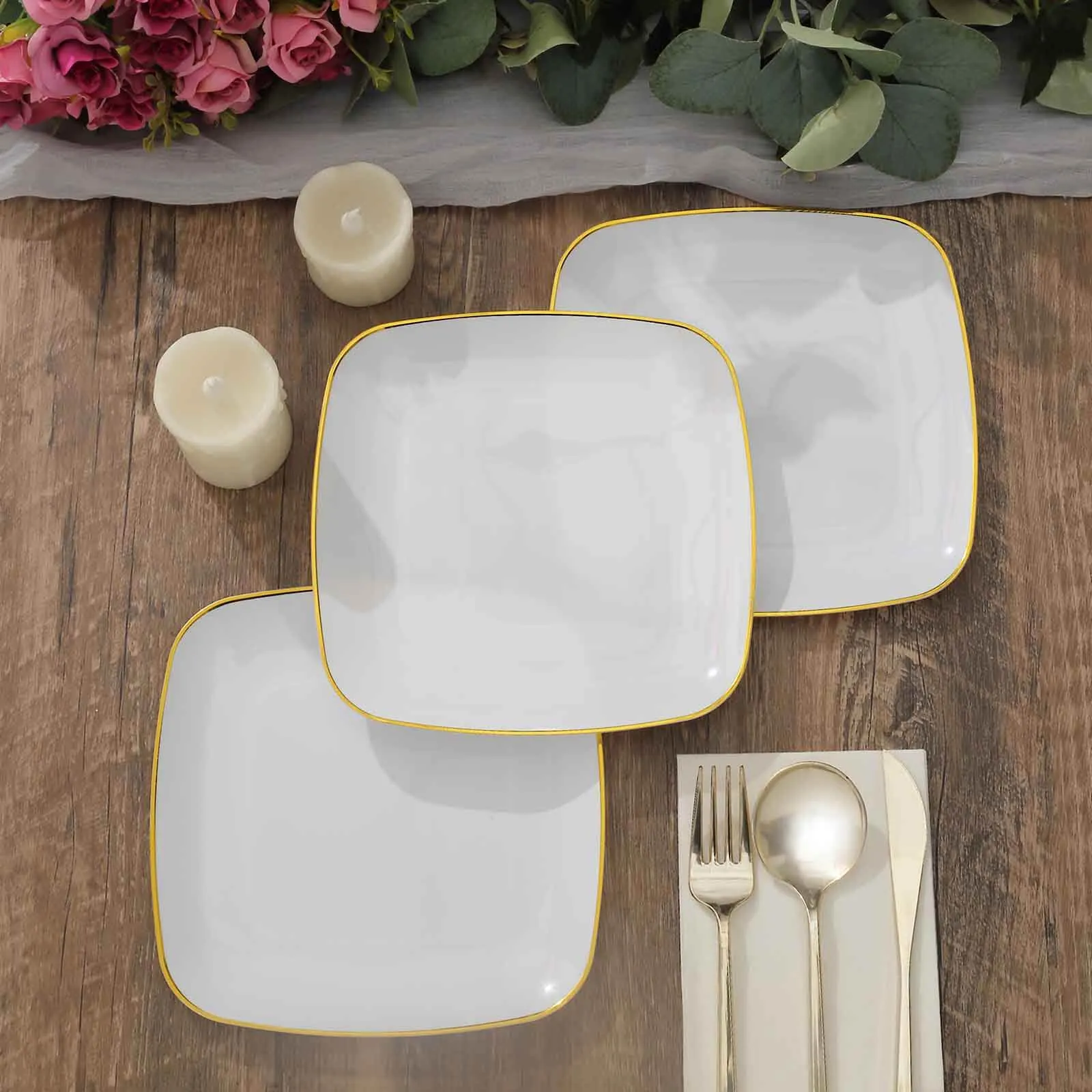 10 Pack 7" White with Gold Rim Square Plastic Salad Party Plates, Disposable Dessert Appetizer Plates