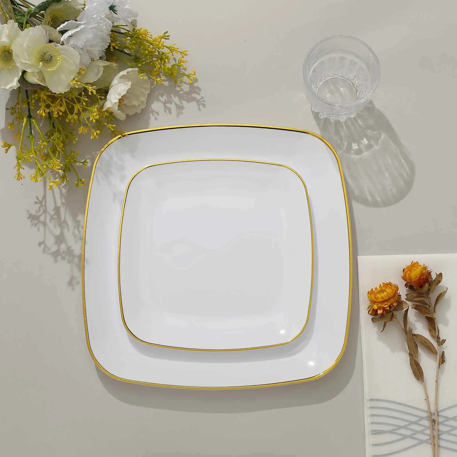 10 Pack 7" White with Gold Rim Square Plastic Salad Party Plates, Disposable Dessert Appetizer Plates