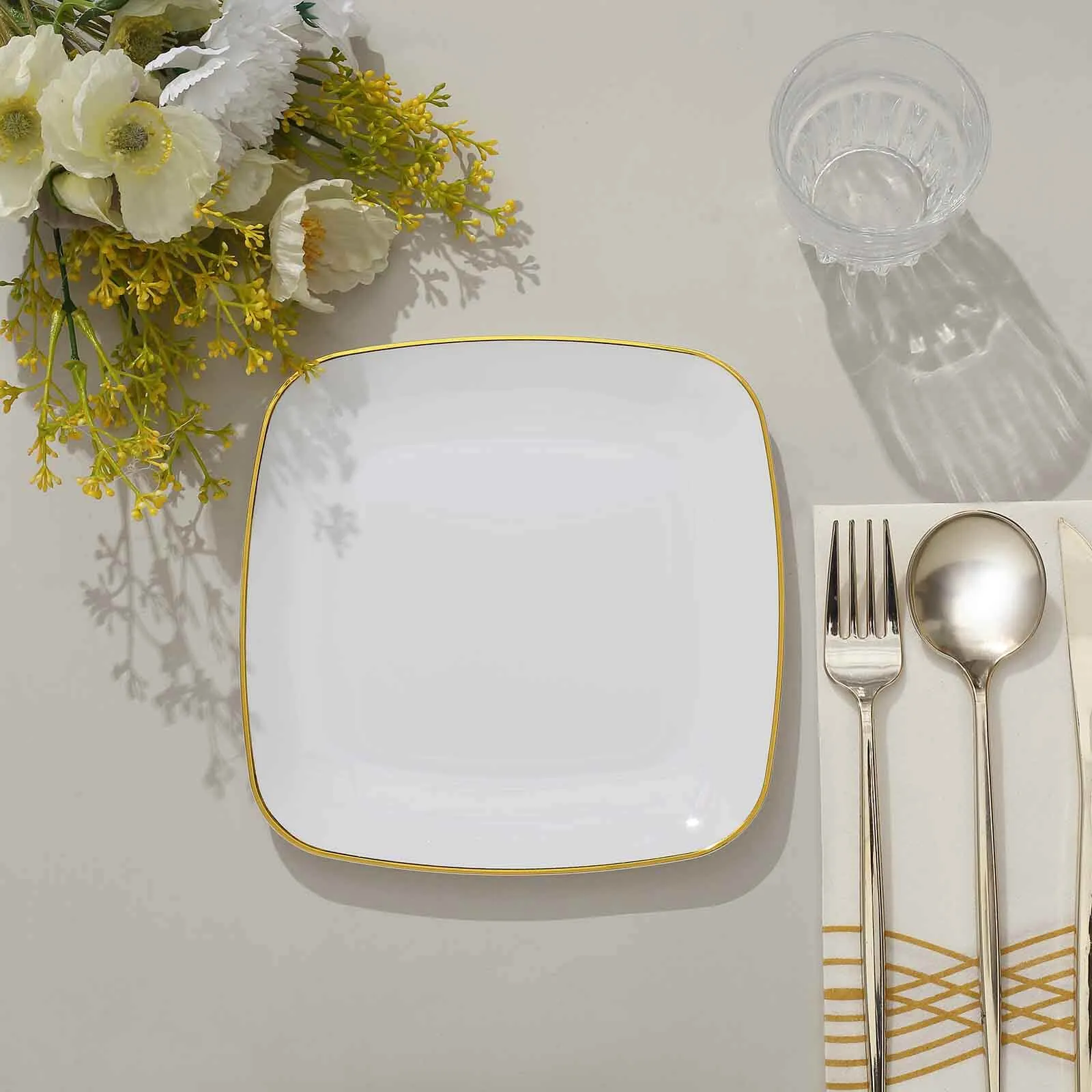 10 Pack 7" White with Gold Rim Square Plastic Salad Party Plates, Disposable Dessert Appetizer Plates