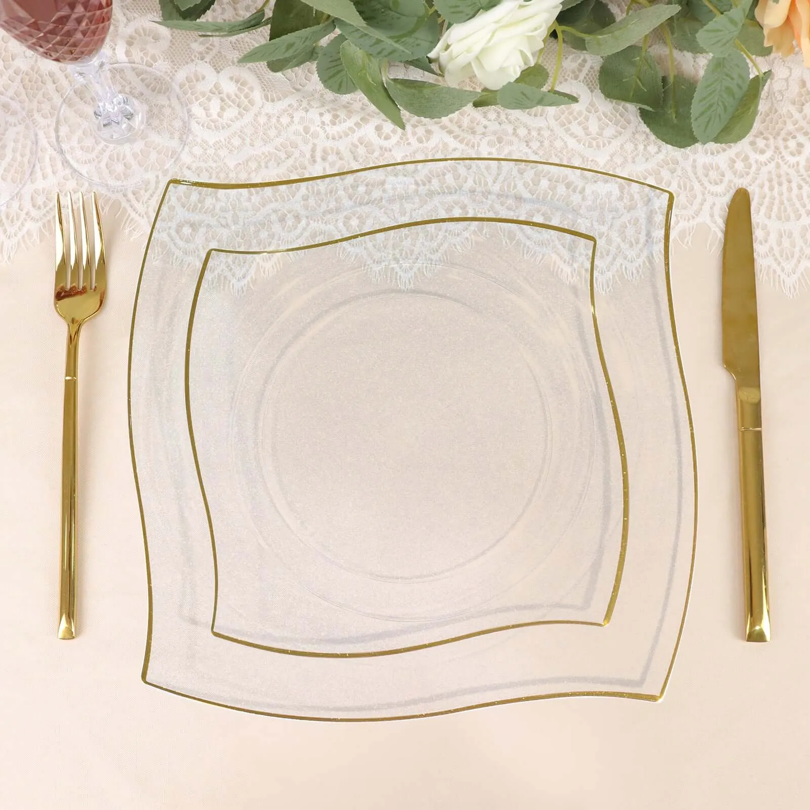 10 Pack 8" Clear Gold Wavy Rim Modern Square Plastic Dessert Plates, Disposable Salad Appetizer Party Plates