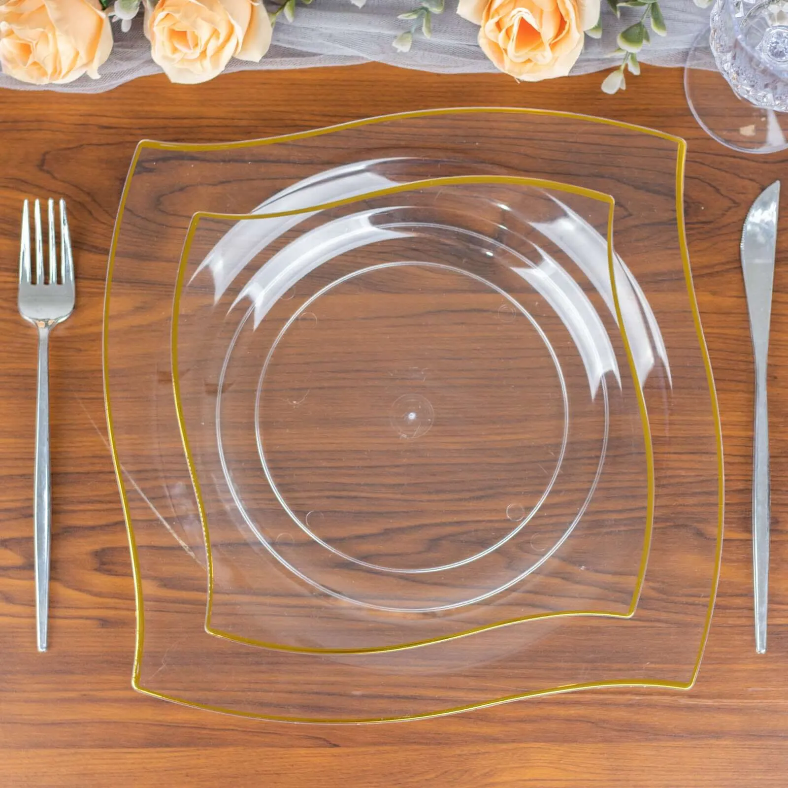 10 Pack 8" Clear Gold Wavy Rim Modern Square Plastic Dessert Plates, Disposable Salad Appetizer Party Plates