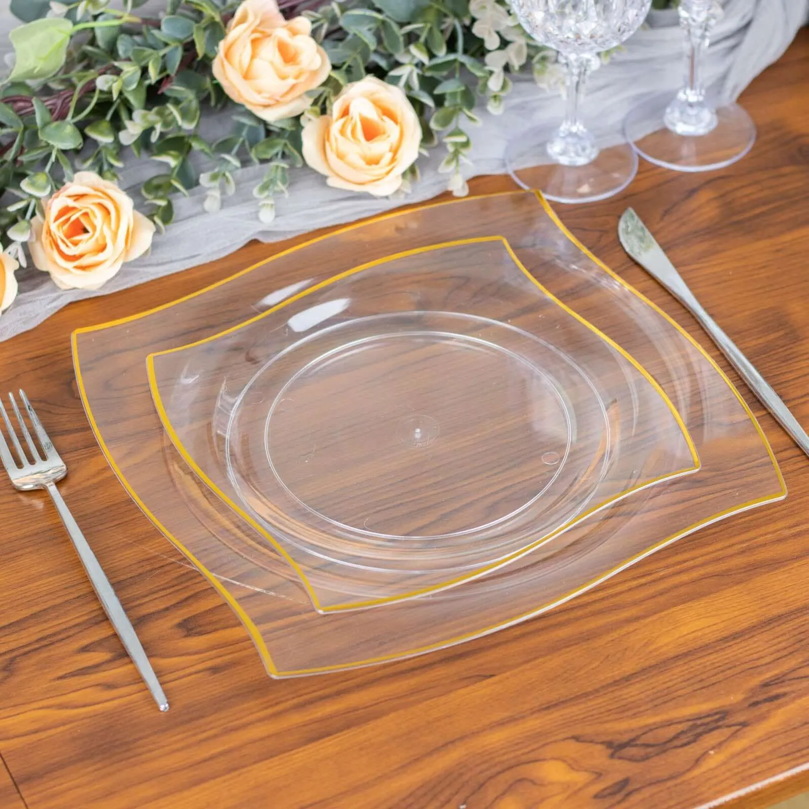 10 Pack 8" Clear Gold Wavy Rim Modern Square Plastic Dessert Plates, Disposable Salad Appetizer Party Plates