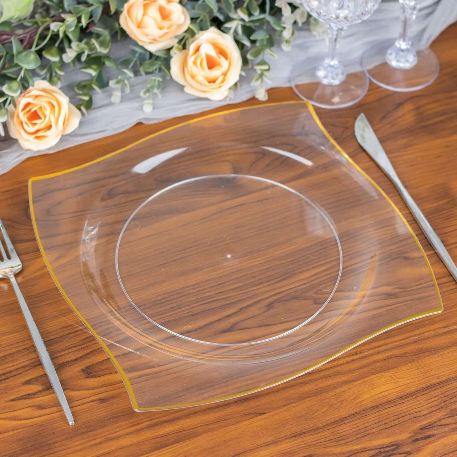 10 Pack 8" Clear Gold Wavy Rim Modern Square Plastic Dessert Plates, Disposable Salad Appetizer Party Plates