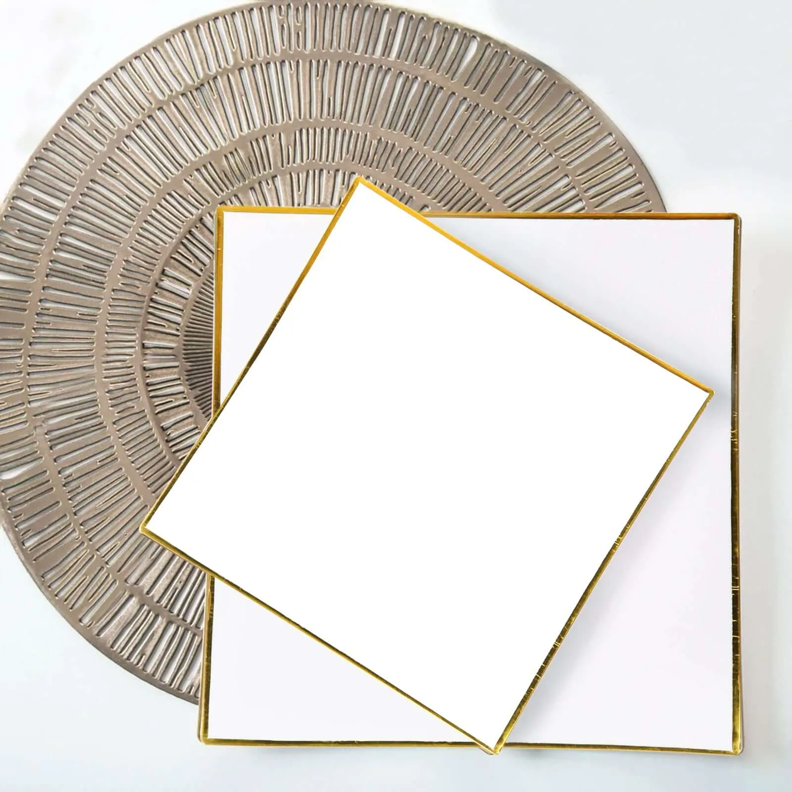 10 Pack 8" White Gold Concave Modern Square Plastic Dessert Plates, Disposable Salad Appetizer Party Plates