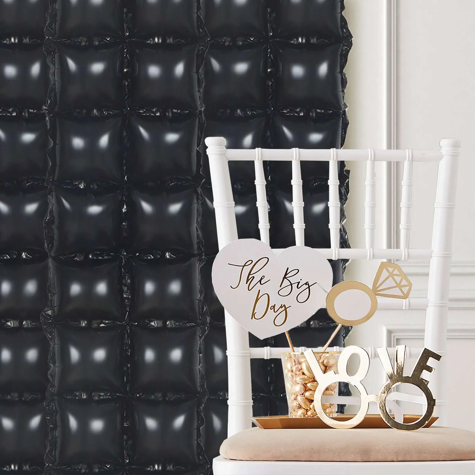 10 Pack Metallic Black Double Row Mylar Foil Balloon Wall, Square Diamond Design Balloon Backdrop - 43"x11"