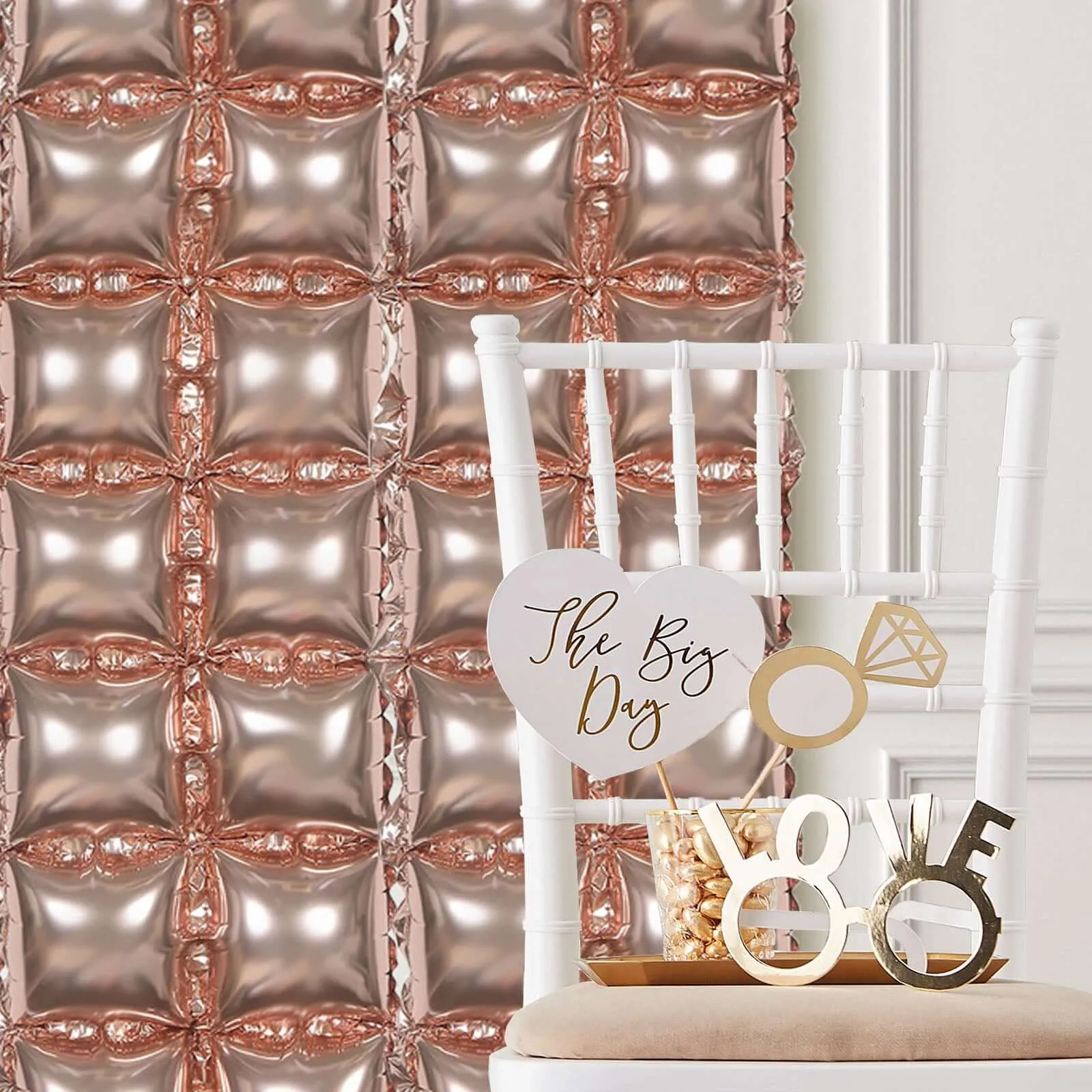 10 Pack Metallic Rose Gold Double Row Mylar Foil Balloon Wall, Square Diamond Design Balloon Backdrop - 43"x11"