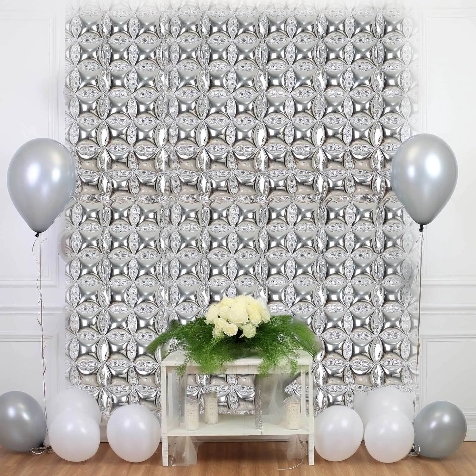 10 Pack Metallic Silver Double Row Mylar Foil Balloon Wall, Square Diamond Design Balloon Backdrop - 43"x11"