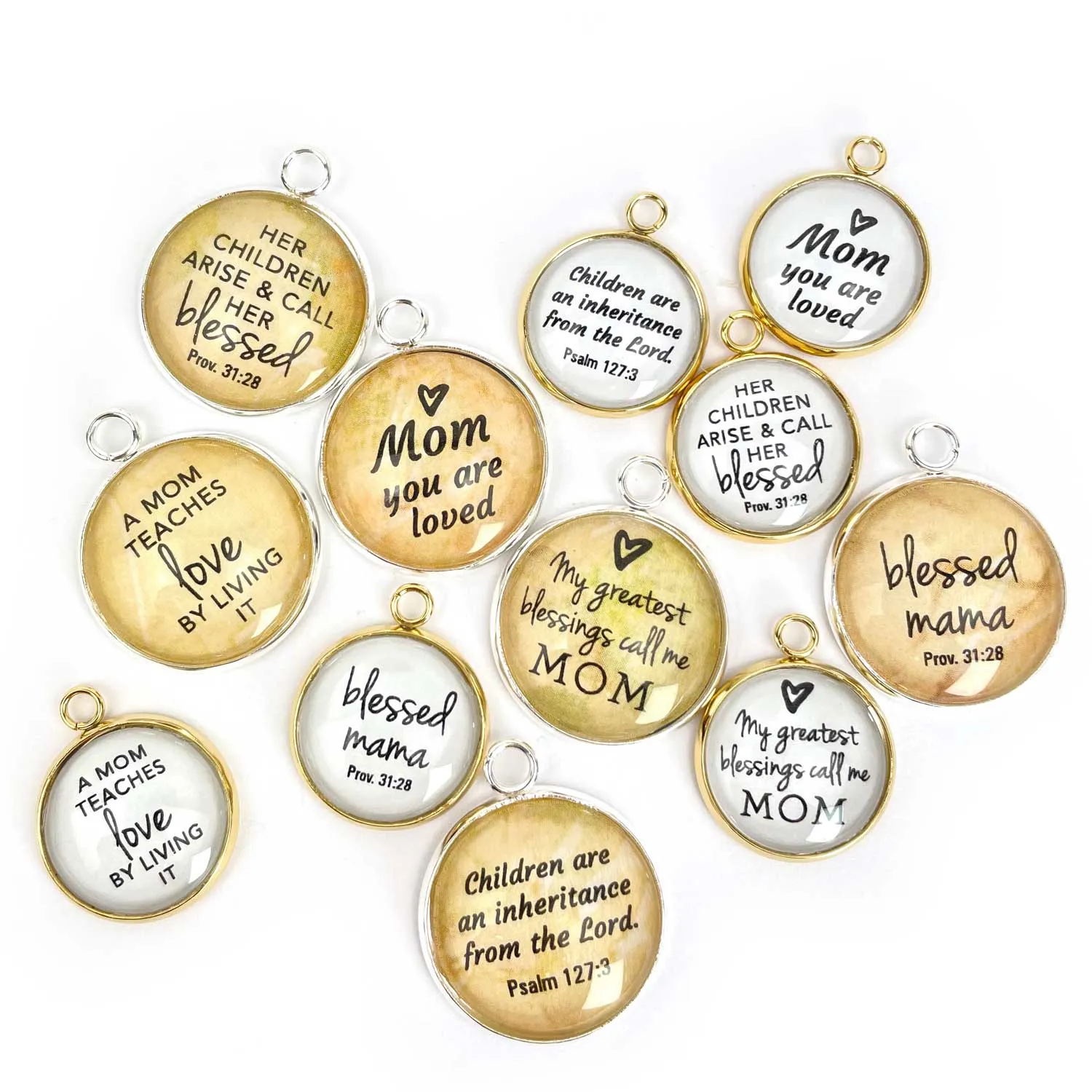 Blessed Mama, My Greatest Blessings Call Me Mom – Mother's Scripture Charm Set for Jewelry Making, Silver, Gold