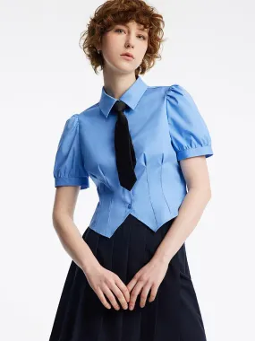 Blue Bubble Sleeve Short Waist Shirt (With Tie)