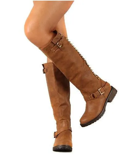 Breckelle Studded Buckle Riding Knee High Combat Boot Tan