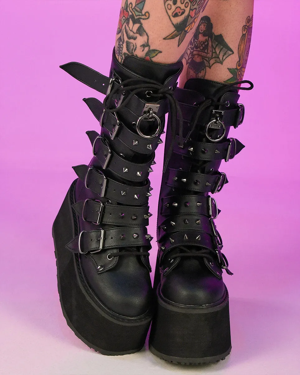 Demonia Matte Black Studded Mid-Calf Platform Boots