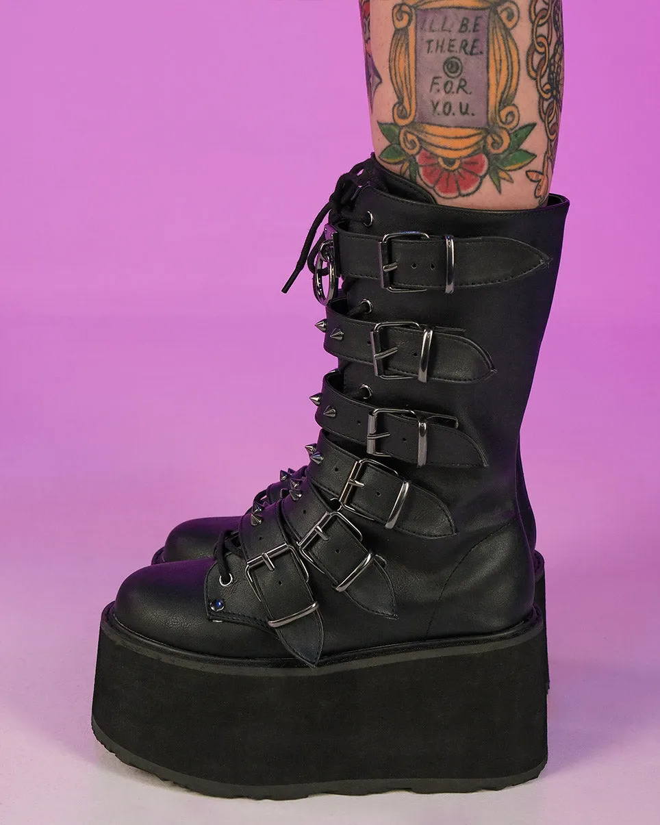 Demonia Matte Black Studded Mid-Calf Platform Boots